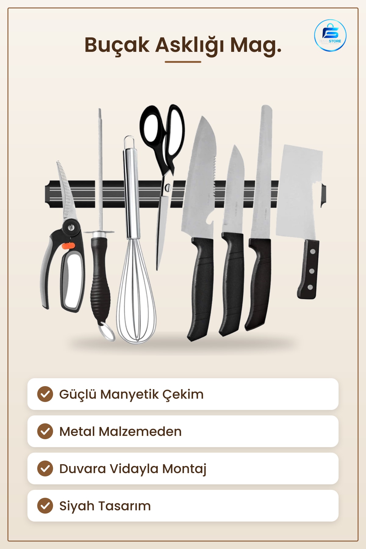 Mıknatıslı Paslanmaz Duvar Bıçak Askısı Mutfak Aparatı Kullanışlı Dayanıklı Pratik Özel Tasarım