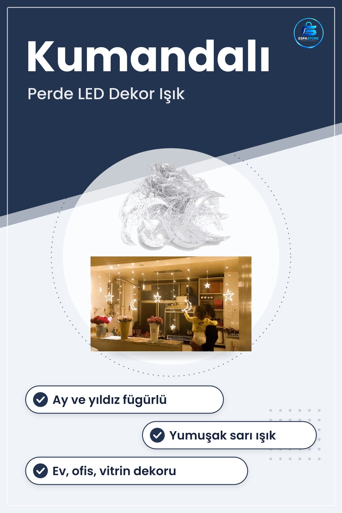 Ay ve Yıldız Figürlü Kumandalı Perde LED Dekor Işık Dekoratif Ortam Aydınlatması Hediyelik Pratik