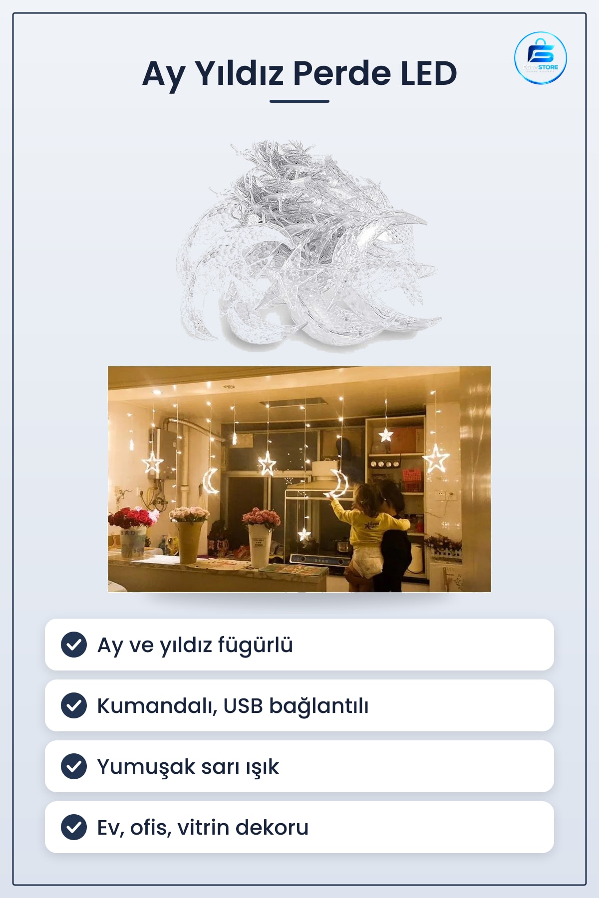 Ay ve Yıldız Figürlü Kumandalı Perde LED Dekor Işık Dekoratif Ortam Aydınlatması Hediyelik Pratik
