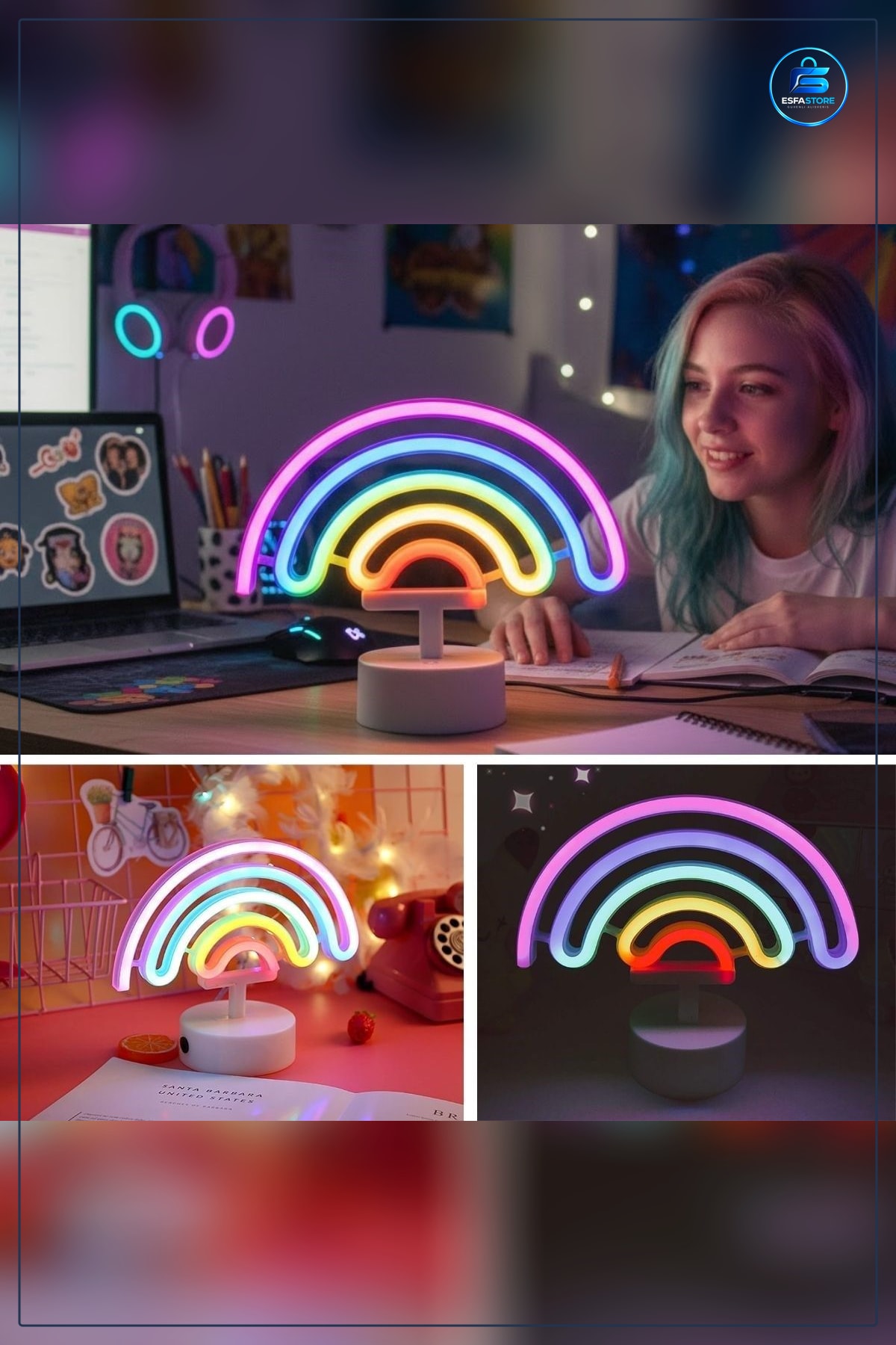 Plastik Gökkuşağı Neon LED Işık Dekoratif Ambiyans Aydınlatması Masaüstü Duvar Kullanımına Uygun