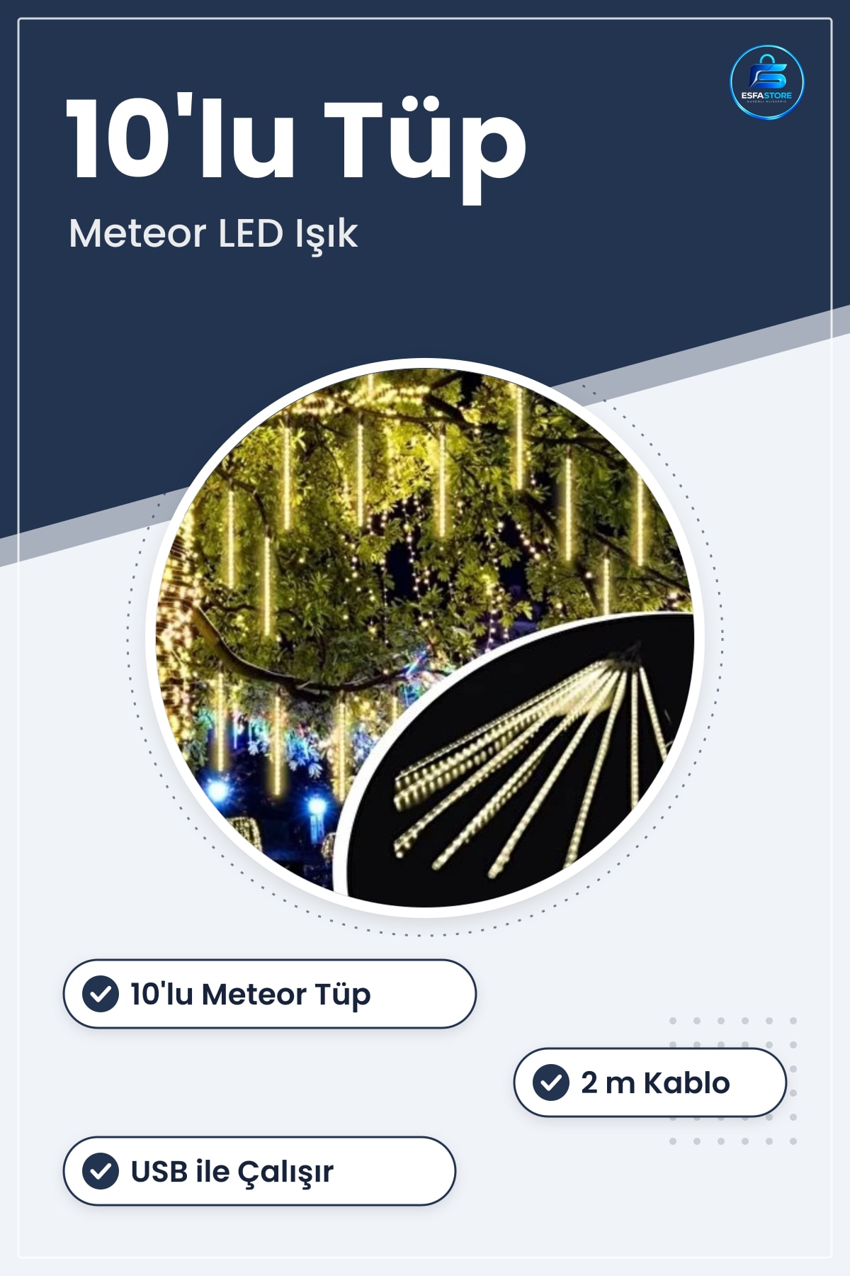 Plastik Meteor Yağmuru Efektli LED Ağaç Işığı USB Beslemeli Dış Mekân Dekoratif Bahçe Aydınlatması