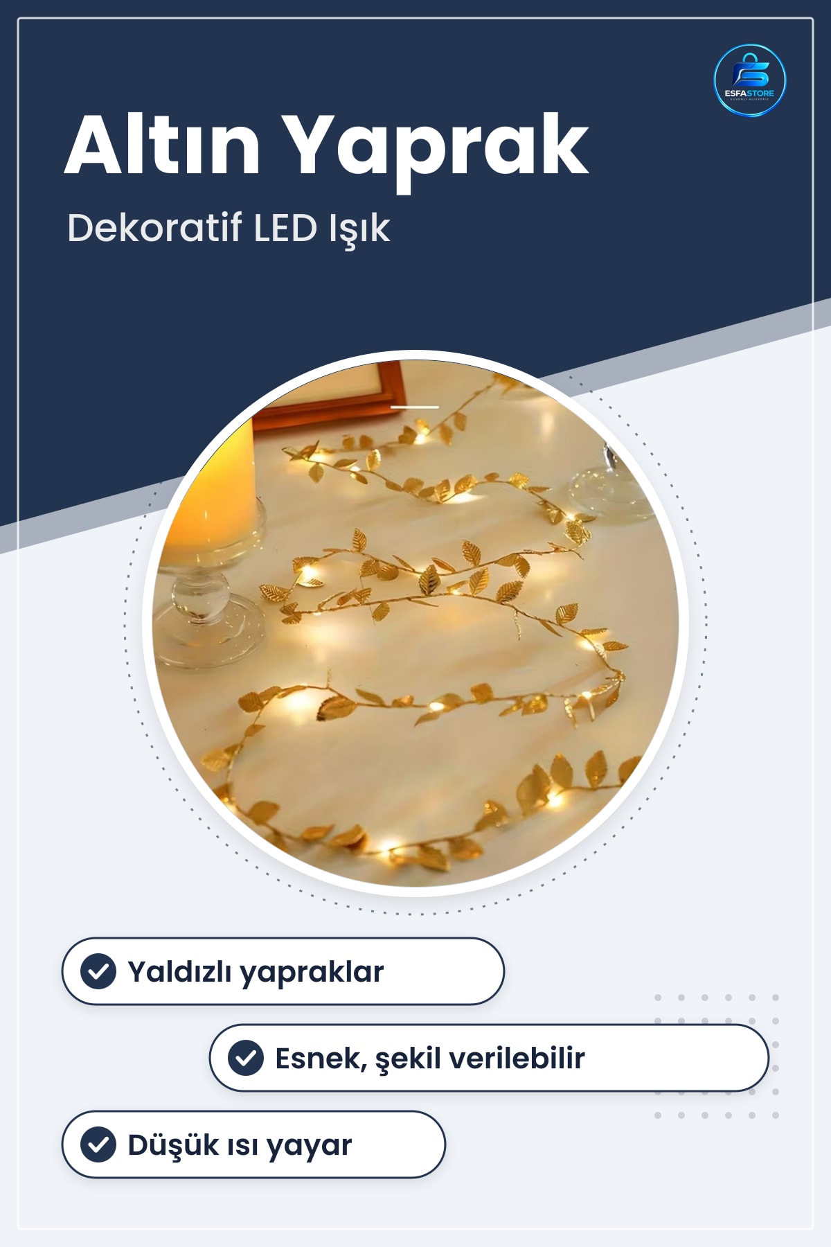 Yaprak Tasarımlı Yaldızlı LED Peri Işığı Dekoratif Ortam Aydınlatması Yılbaşı Süslemesi Pratik
