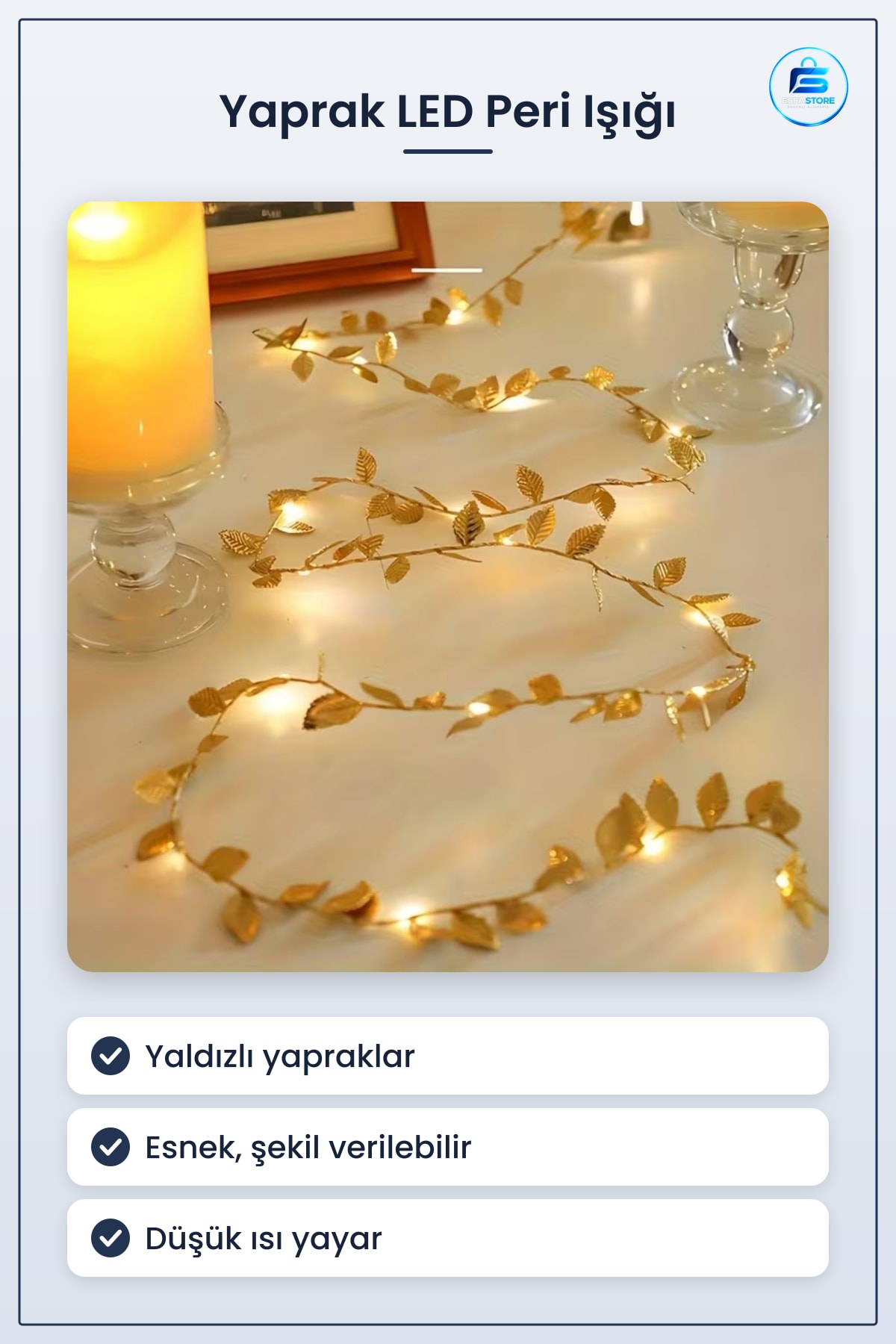 Yaprak Tasarımlı Yaldızlı LED Peri Işığı Dekoratif Ortam Aydınlatması Yılbaşı Süslemesi Pratik