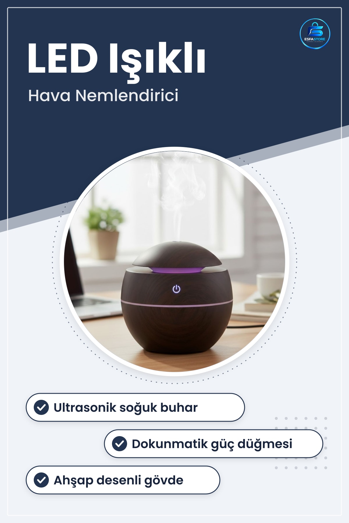 Küre Tasarımlı Ahşap Desenli Ultrasonik Hava Nemlendirici Soğuk Buhar LED Işıklı Masaüstü Oda