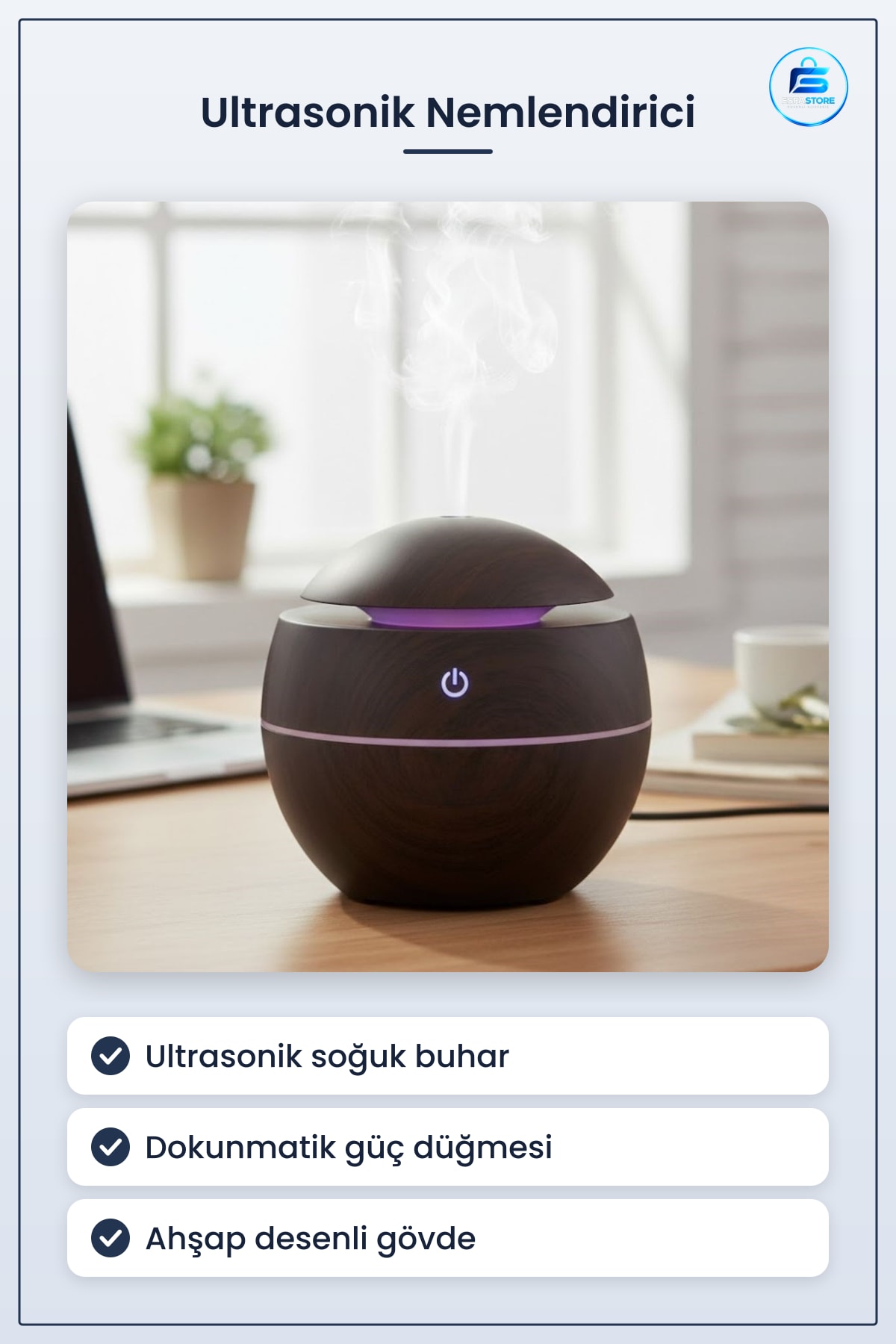 Küre Tasarımlı Ahşap Desenli Ultrasonik Hava Nemlendirici Soğuk Buhar LED Işıklı Masaüstü Oda
