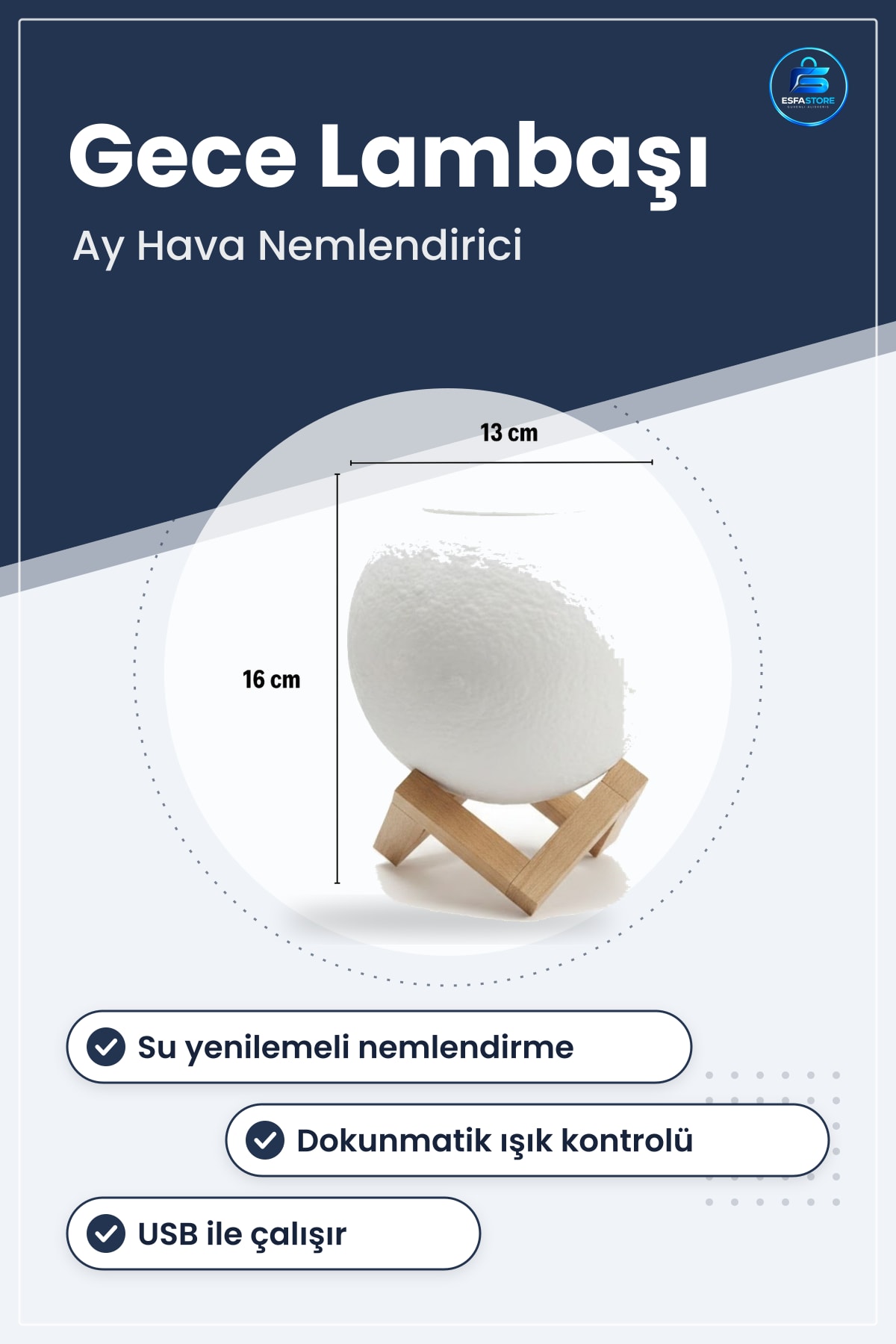 Hava Nemlendiricisi Ay Tasarımlı Su Yenilemeli USB Gece Lambası Ahşap Standlı Dekoratif Hediyelik