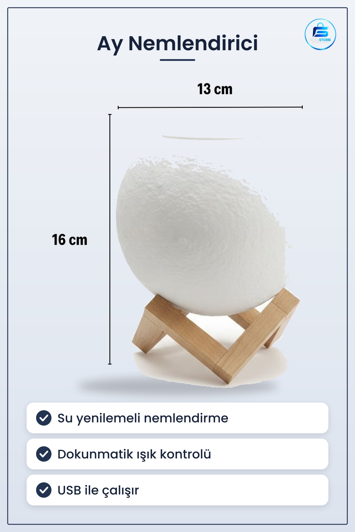 Hava Nemlendiricisi Ay Tasarımlı Su Yenilemeli USB Gece Lambası Ahşap Standlı Dekoratif Hediyelik