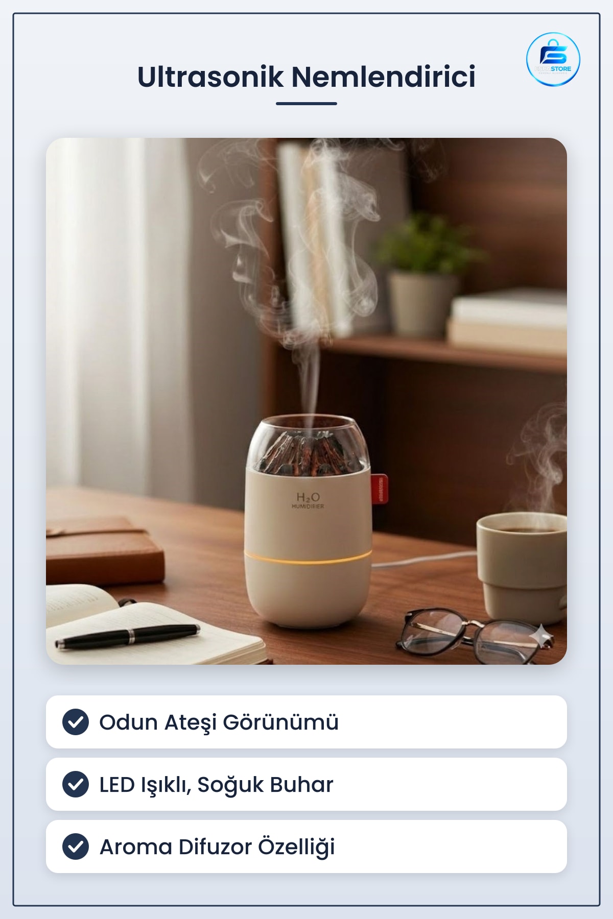 Ahşap Odun Ateşi Tasarımlı Ultrasonik Hava Nemlendirici Aroma Difüzör LED Işıklı Soğuk Buhar
