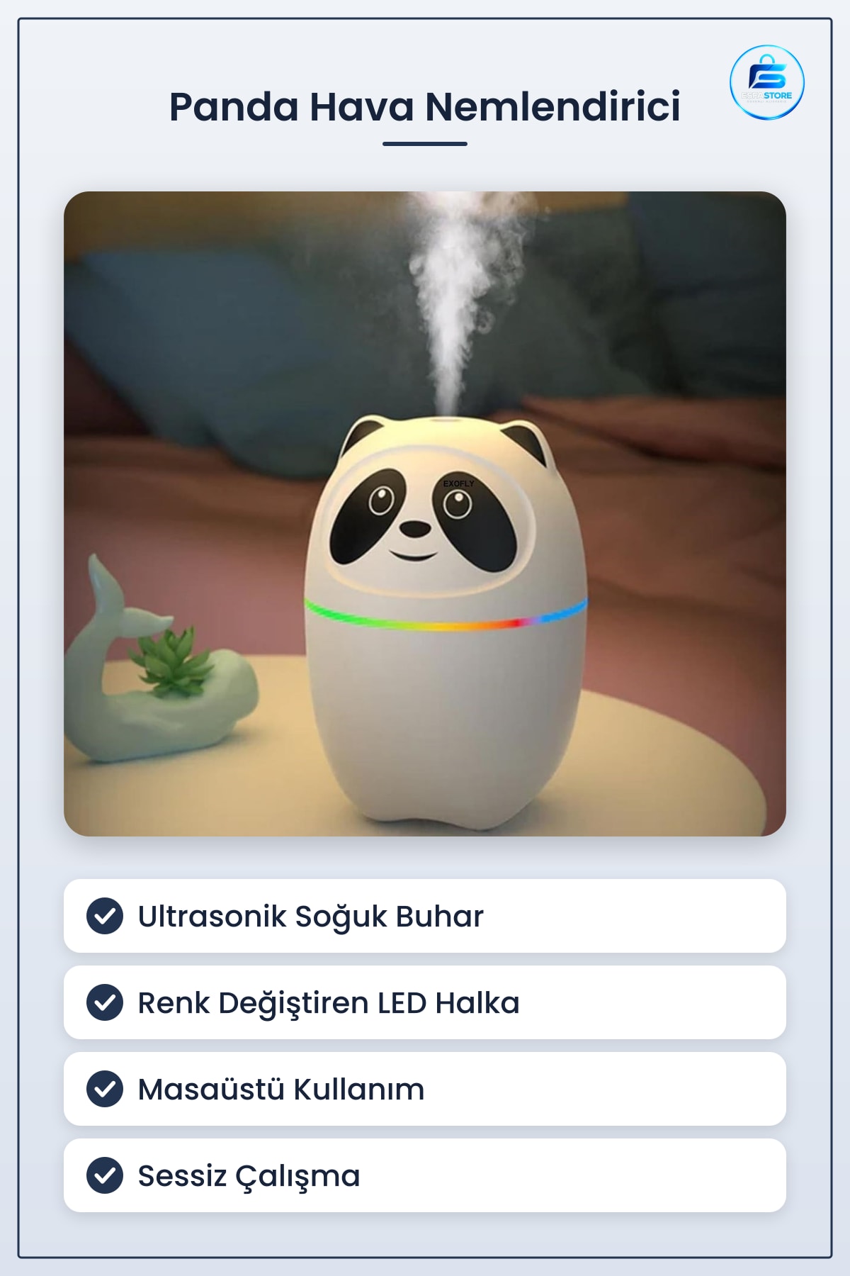 Panda Fıgerlü Ultrasonik Hava Nemlendirici Soğuk Buhar LED Işıklı Masaüstü Oda İçin Hediyelik