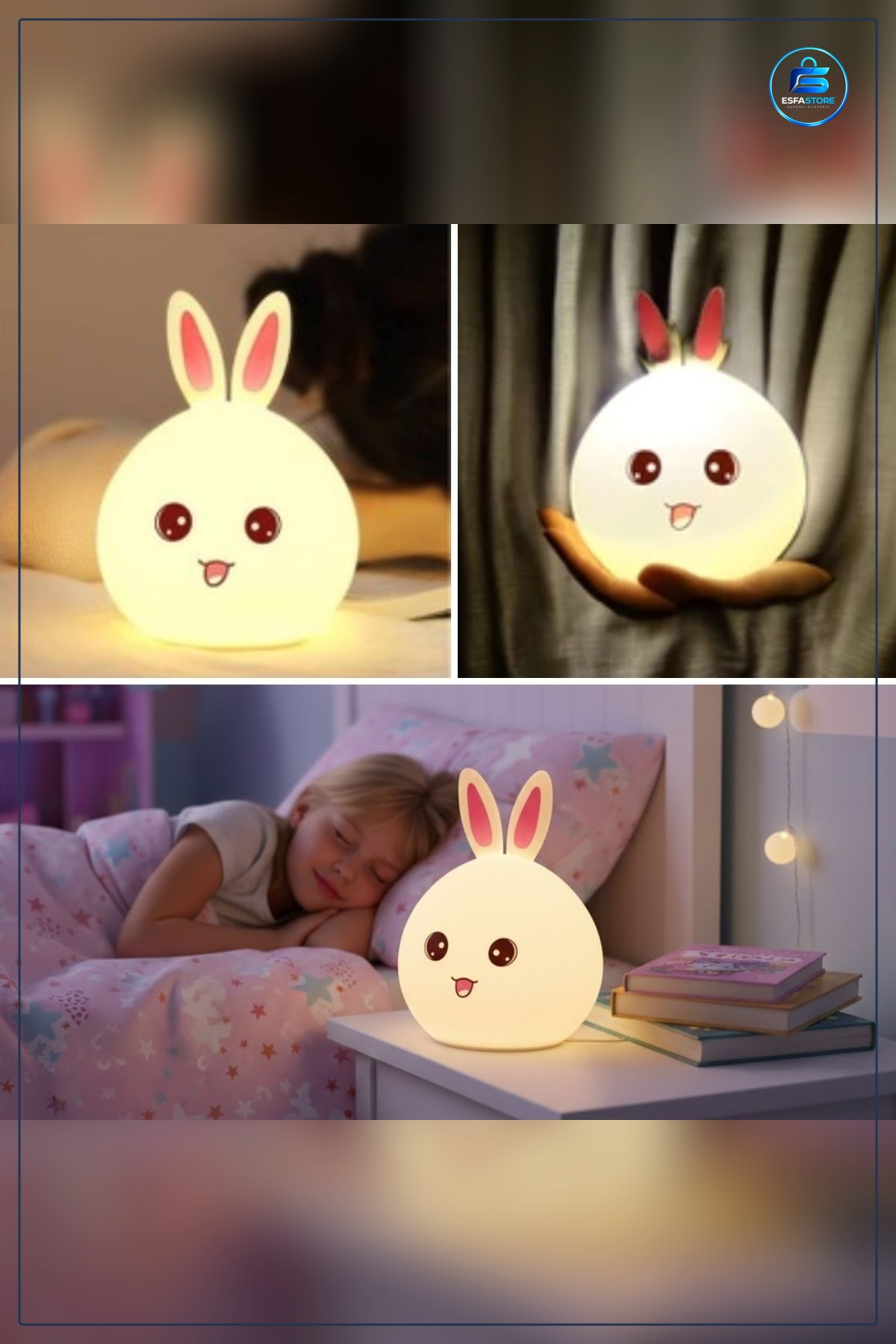 Tavşan Figürlü Pofuduk LED Gece Lambası Çocuk Odası Yumuşak Dokulu Şarjlı Dekoratif Ortam Işığı