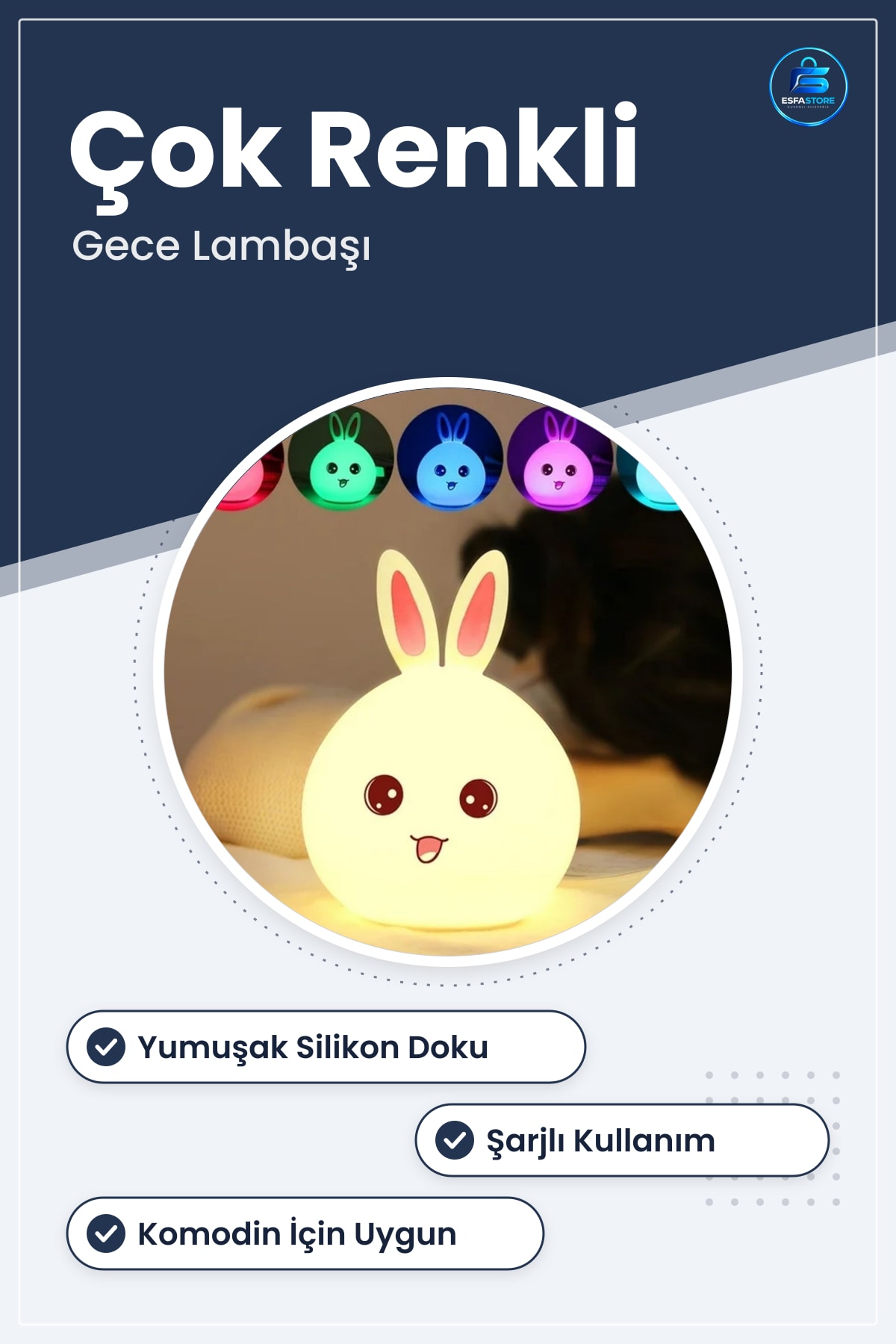 Tavşan Figürlü Pofuduk LED Gece Lambası Çocuk Odası Yumuşak Dokulu Şarjlı Dekoratif Ortam Işığı