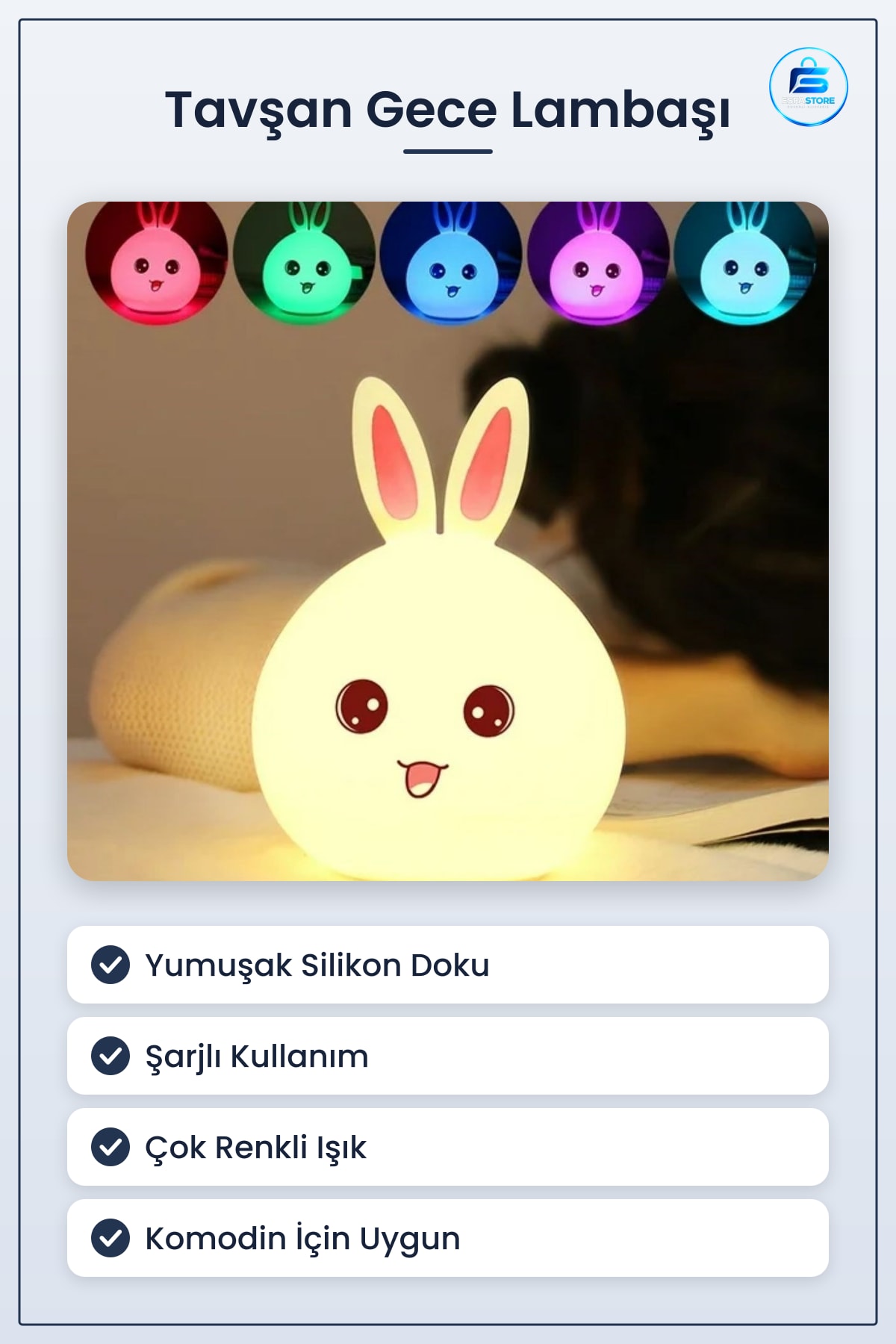 Tavşan Figürlü Pofuduk LED Gece Lambası Çocuk Odası Yumuşak Dokulu Şarjlı Dekoratif Ortam Işığı