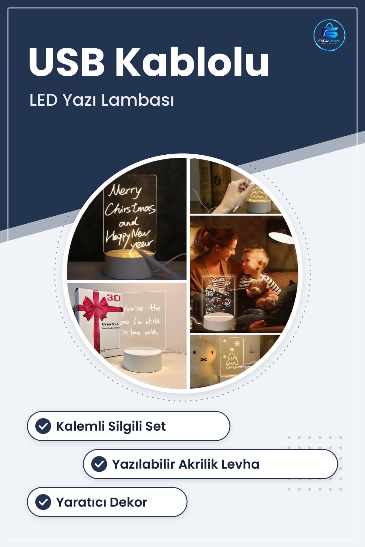 USB Kablolu Işıklı Kalemli Silgili 3D Görselleştirme LED Lamba Yaratıcı Dekor Gece Hediyelik