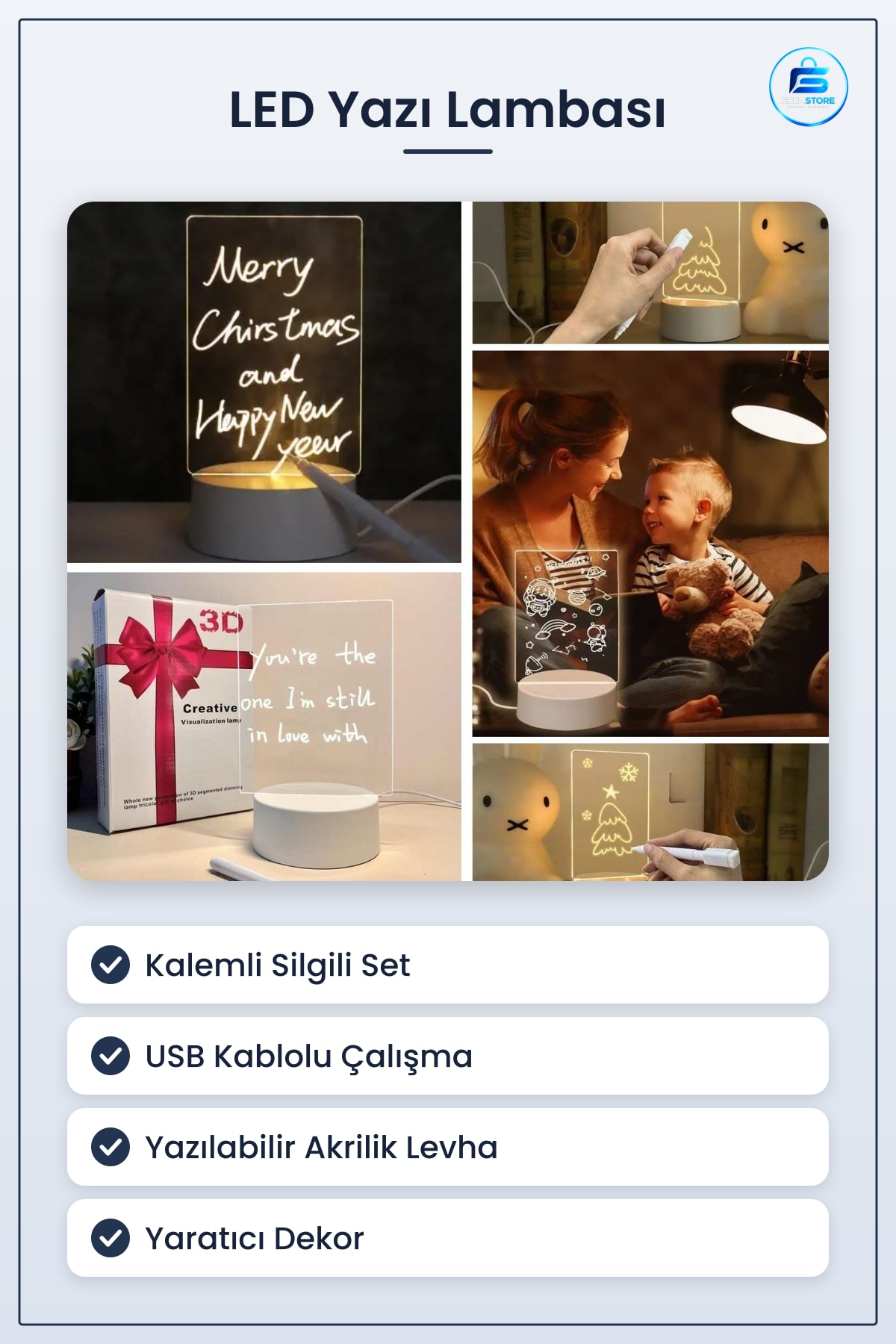 USB Kablolu Işıklı Kalemli Silgili 3D Görselleştirme LED Lamba Yaratıcı Dekor Gece Hediyelik