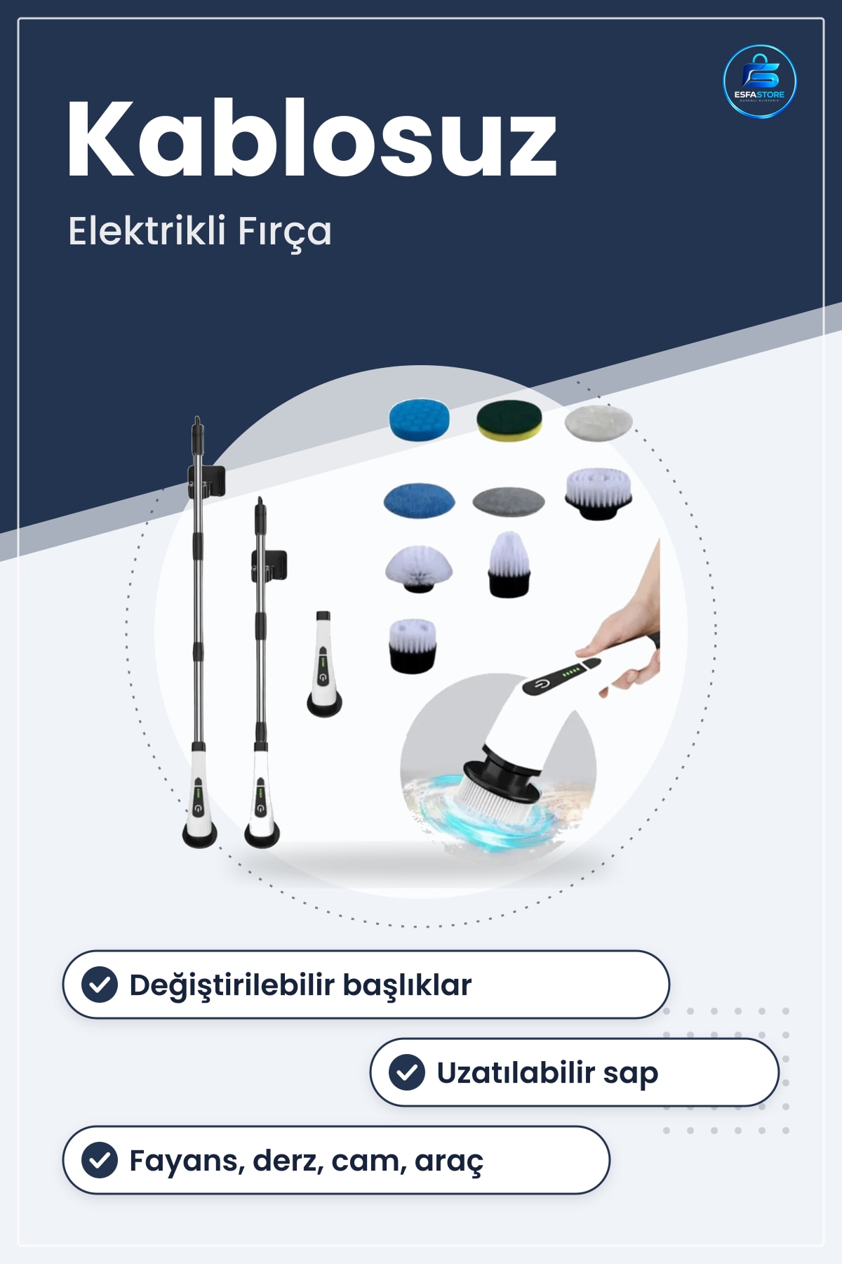 Şarjlı Kablosuz Uzatılabilir Temizlik Fırçası Banyo Mutfak Fayans Derz Cam Temizleme Pratik