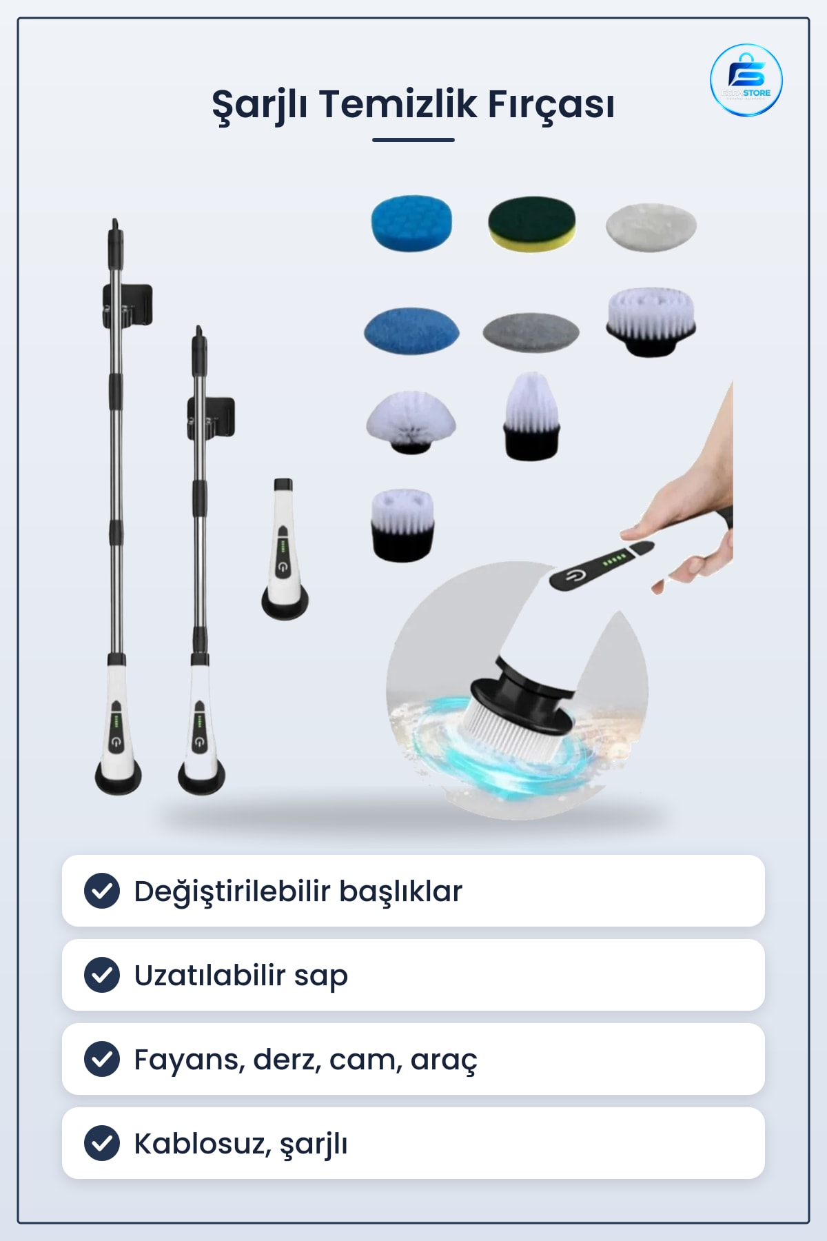 Şarjlı Kablosuz Uzatılabilir Temizlik Fırçası Banyo Mutfak Fayans Derz Cam Temizleme Pratik