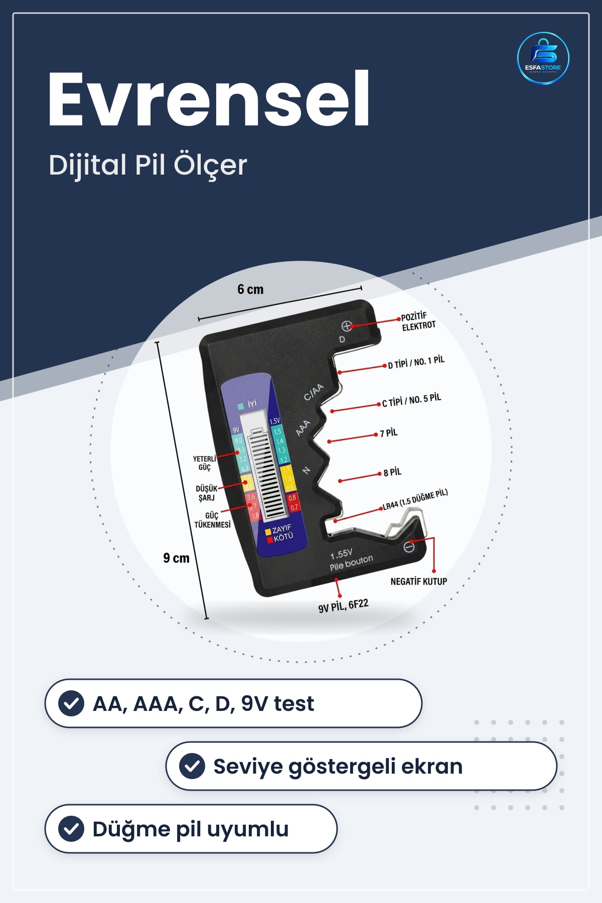 Dijital Pil Test Cihazı Evrensel Kapasite Ölçer Kompakt Seviye Göstergeli AA AAA Düğme Uyumlu