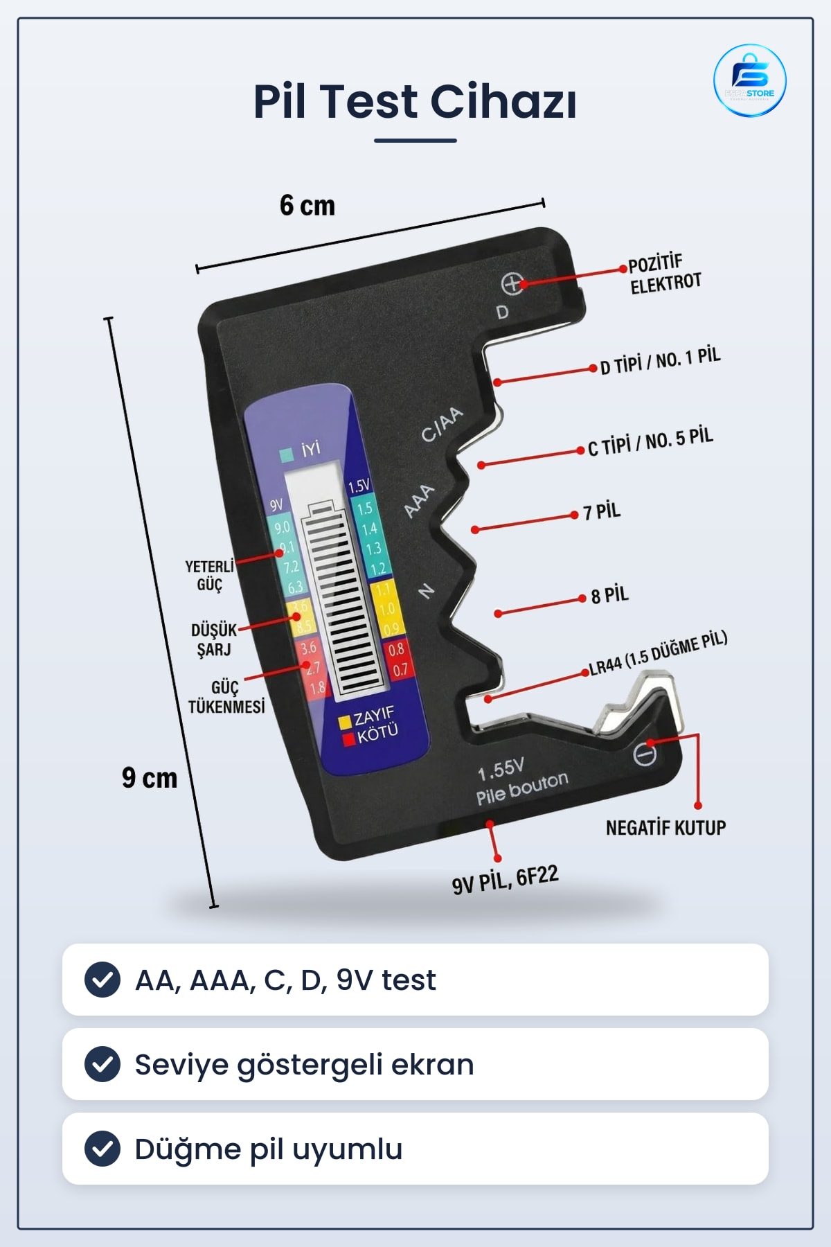 Dijital Pil Test Cihazı Evrensel Kapasite Ölçer Kompakt Seviye Göstergeli AA AAA Düğme Uyumlu