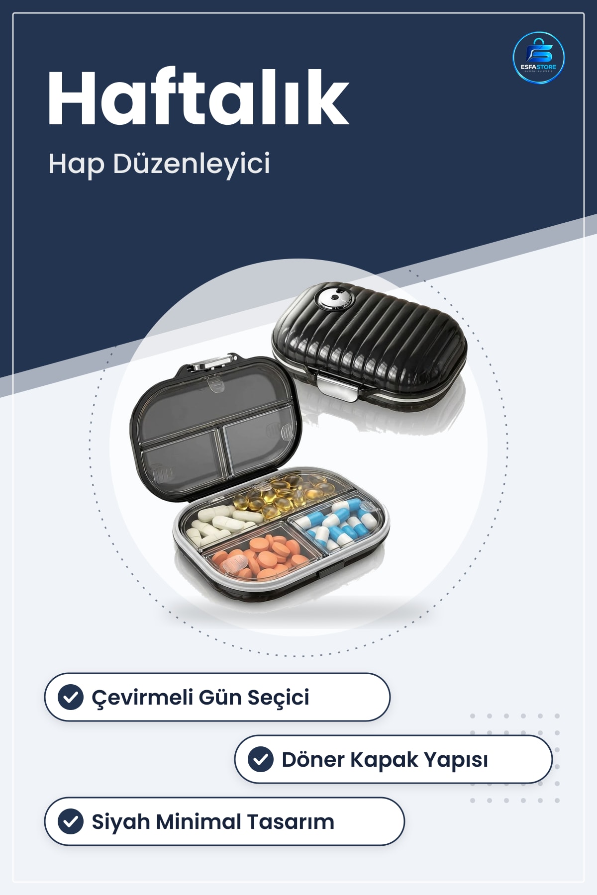 Haftalık İlaç Kutusu Çevirmeli Büyük Boy Hap Düzenleyici Aparat Ev Ofis ve Seyahat Kullanımı