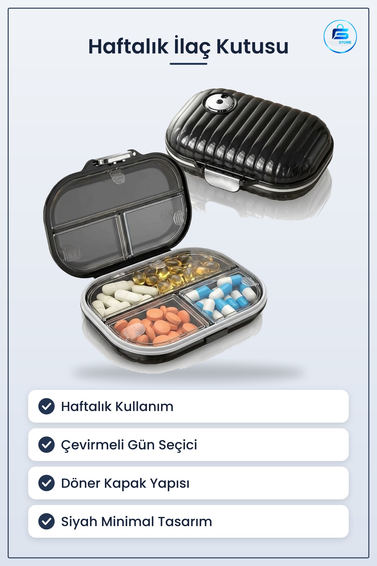 Haftalık İlaç Kutusu Çevirmeli Büyük Boy Hap Düzenleyici Aparat Ev Ofis ve Seyahat Kullanımı