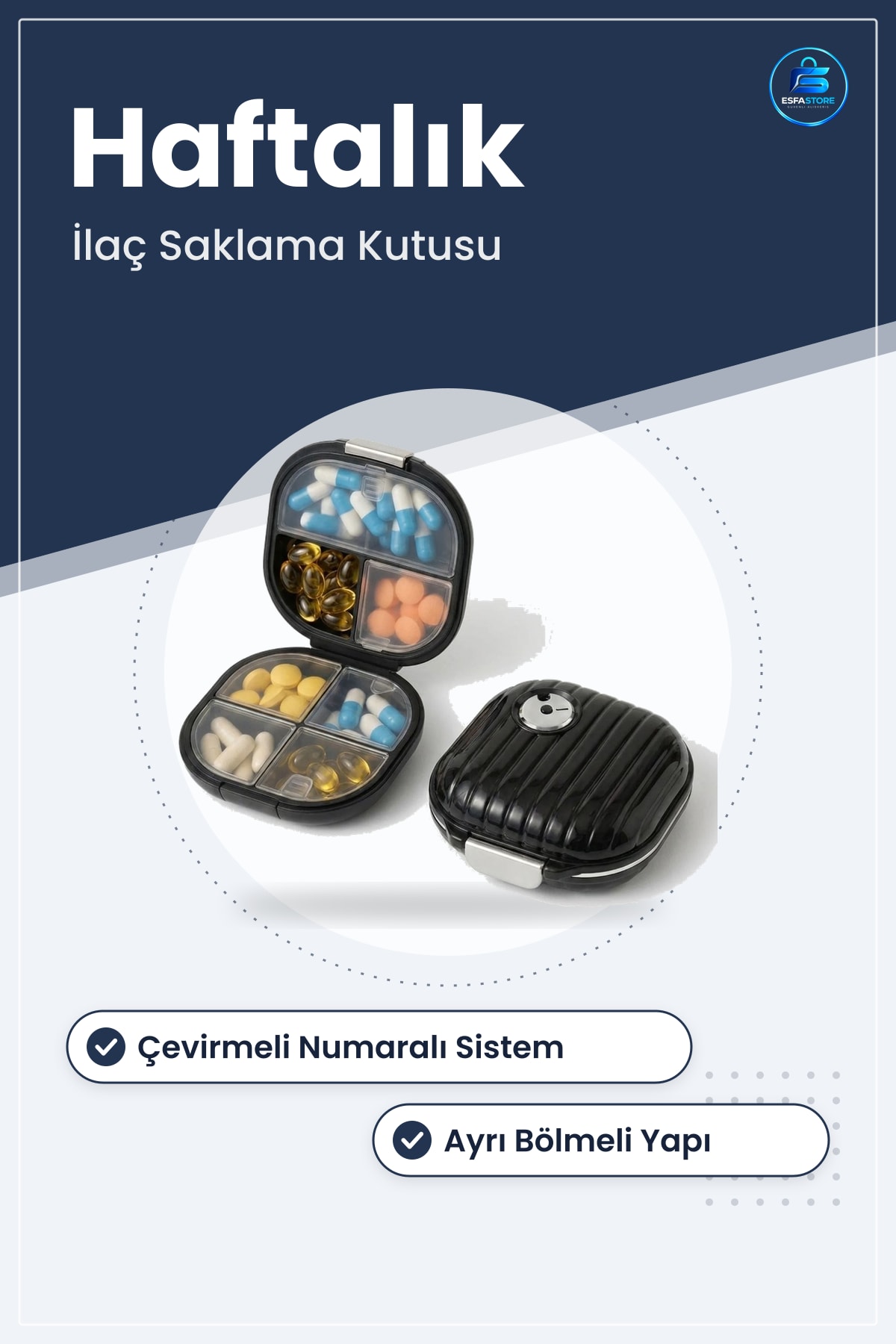Haftalık İlaç Kutusu Çevirmeli Kompakt Taşınabilir Hap Düzenleyici Aparat Dayanıklı Pratik