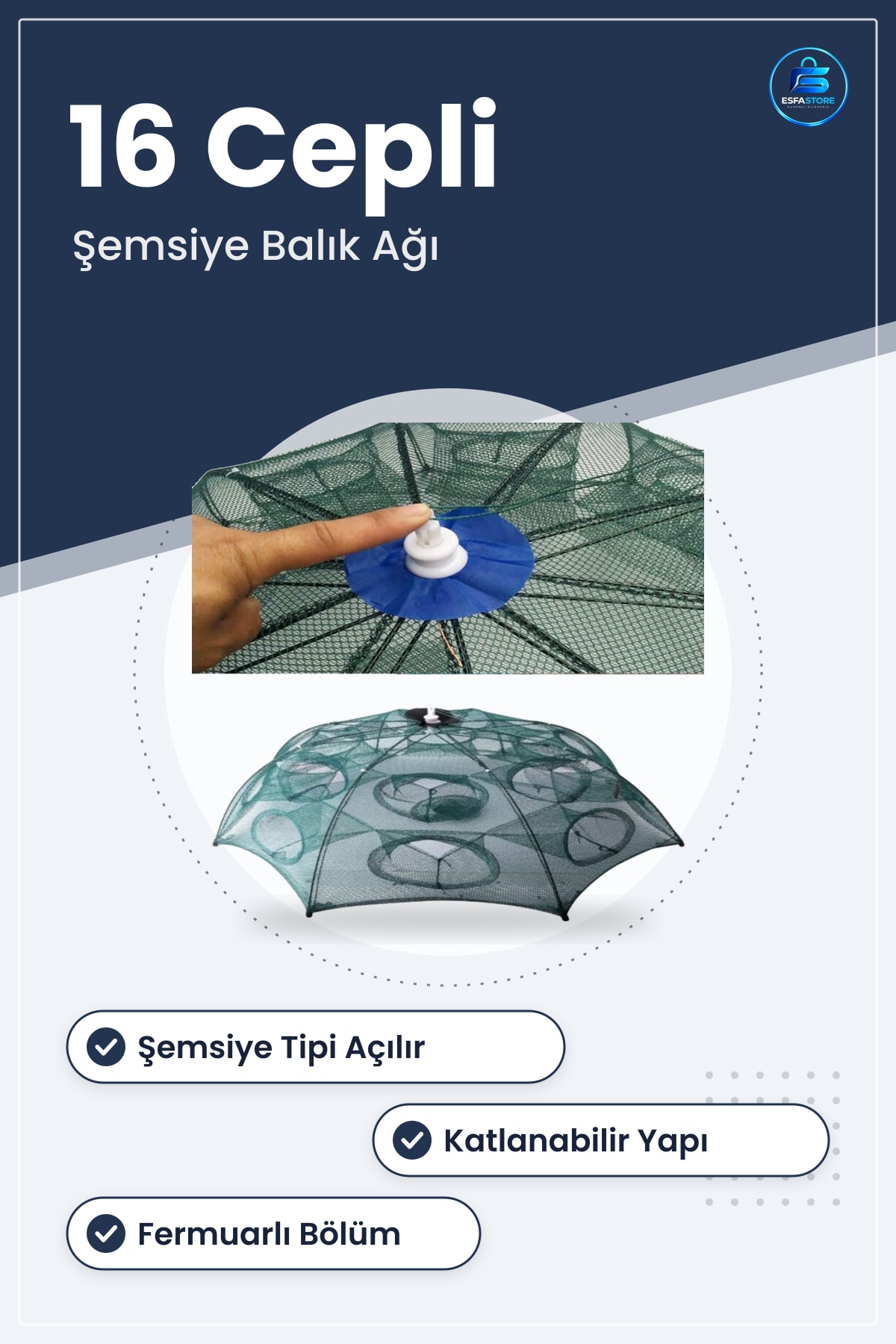 Şemsiye Tipi Katlanabilir Çelik Destekli Çok Cepli Taşınabilir Dayanıklı Serpme Balık Tuzağı File