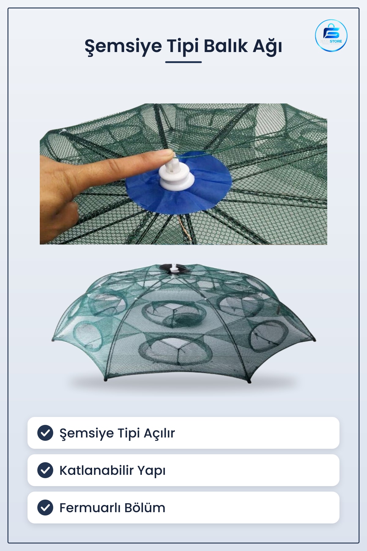 Şemsiye Tipi Katlanabilir Çelik Destekli Çok Cepli Taşınabilir Dayanıklı Serpme Balık Tuzağı File