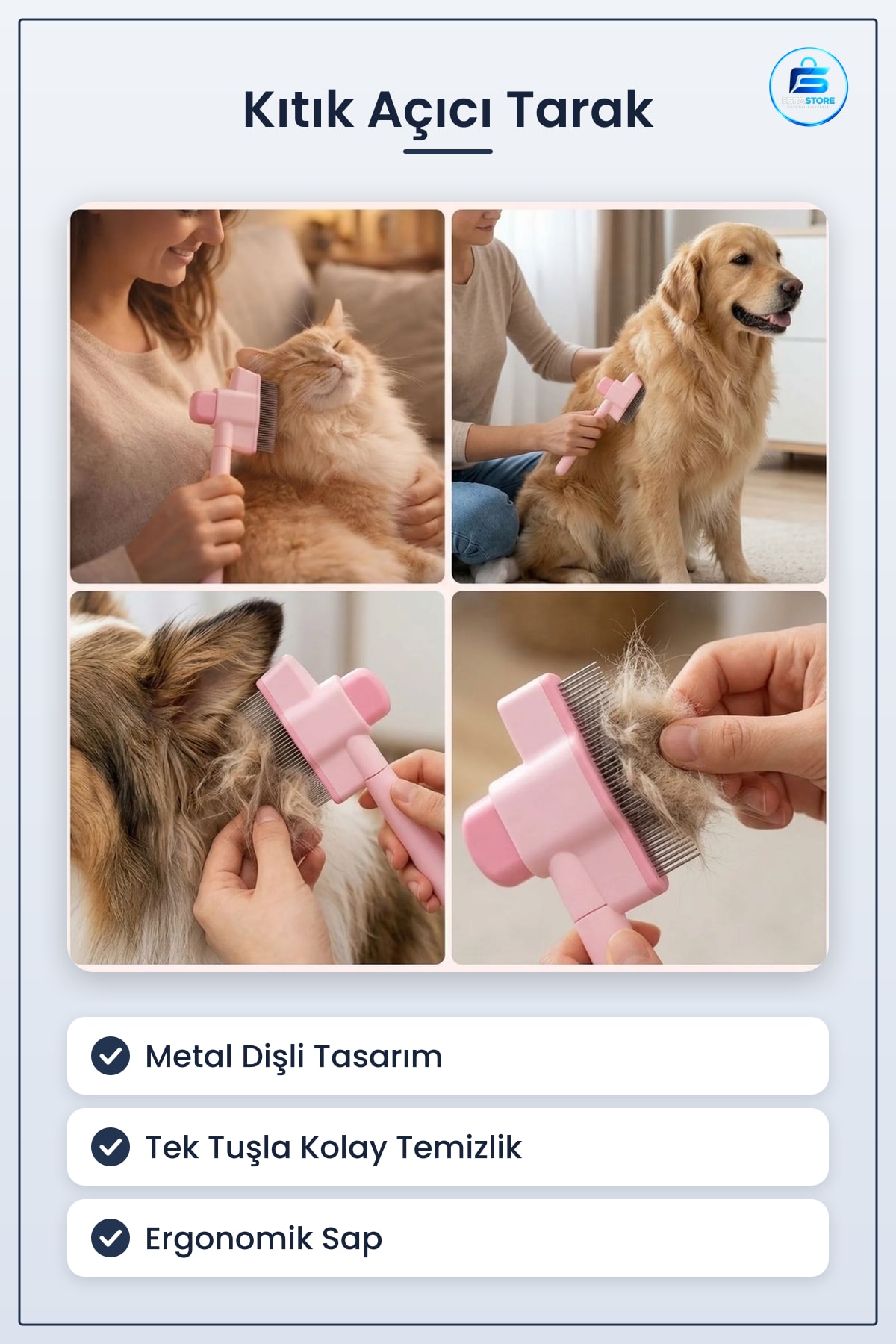 Kedi Köpek Kıtık Açıcı Tarak Tek Taraflı Metal Dişli Ergonomik Saplı Evcil Hayvan Tüy Bakım Tarağı
