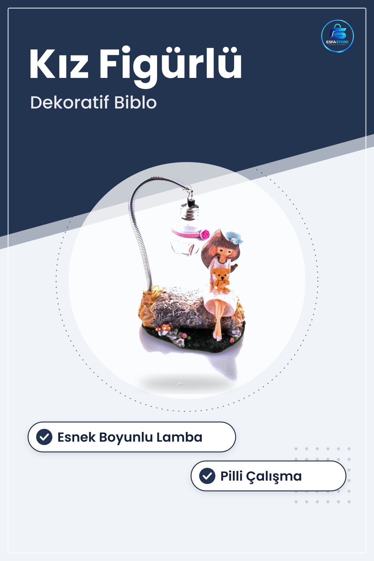 Işıklı Biblo Kütük Üzerinde Oturan Kız Figürlü Dekoratif Masa Lambası 3 Pilli Esnek Boyunlu