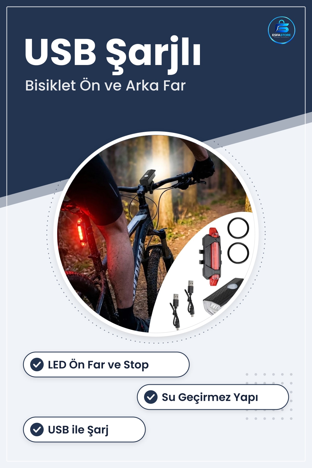 Bisiklet Işık Seti USB Şarjlı LED Ön Far ve Arka Stop Lambası Su Geçirmez Aydınlatma Pratik
