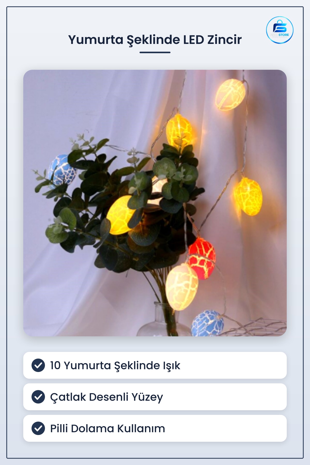 LED Işık Zinciri 10lu Renkli Yumurta Şeklinde Dekoratif Dolama Aydınlatma 1,5 Metre