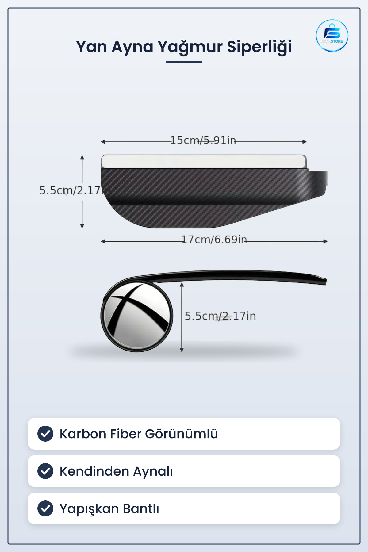 Karbon Fiber Görünümlü Araç Yan Ayna Yağmur Siperliği Kendinden Aynalı Yapışkan Bantlı Kar Kalkanı