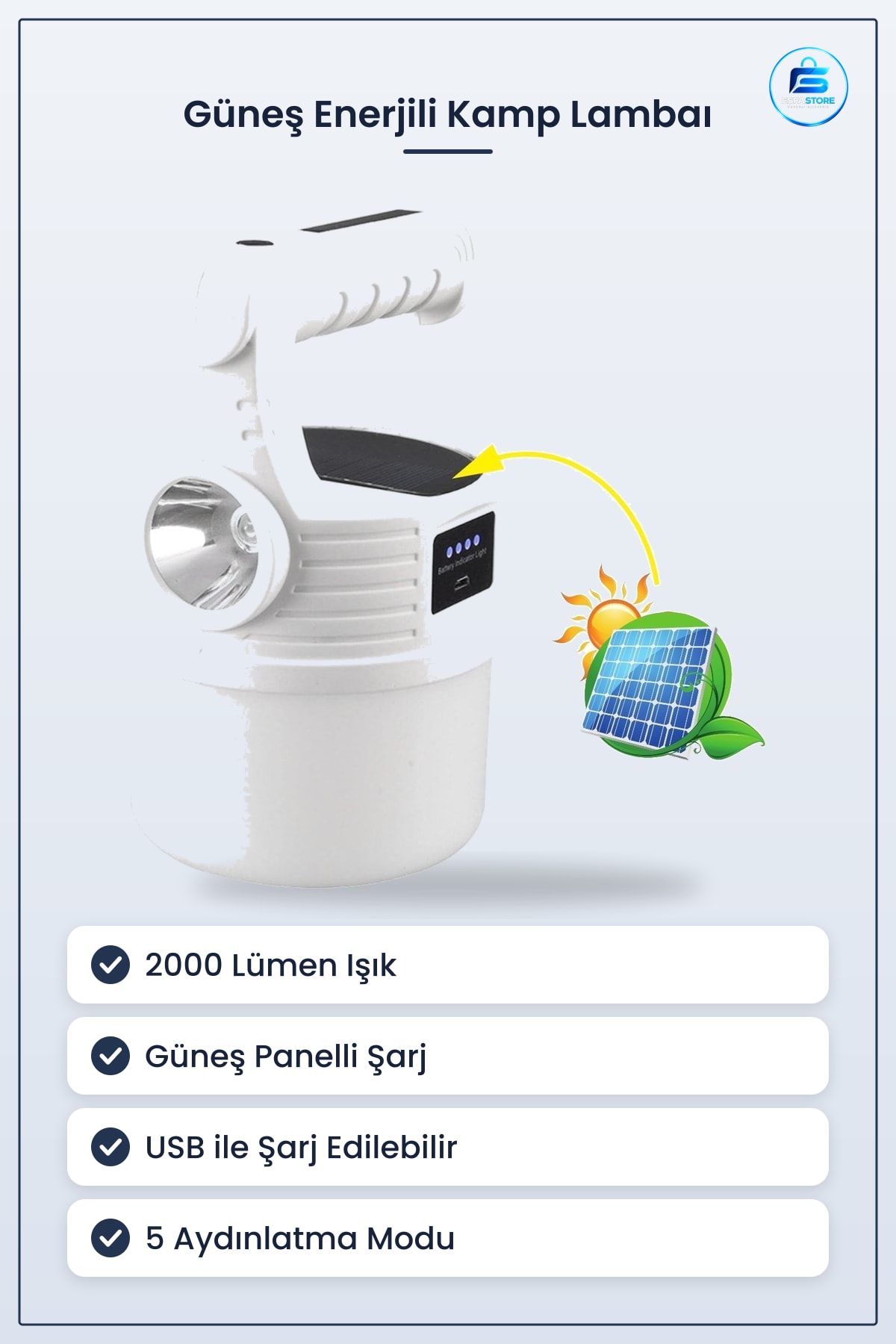 Güneş Enerjili LED Kamp Lambaı USB ile Şarj Edilebilir Asılabilir Taşınabilir El Feneri Pratik