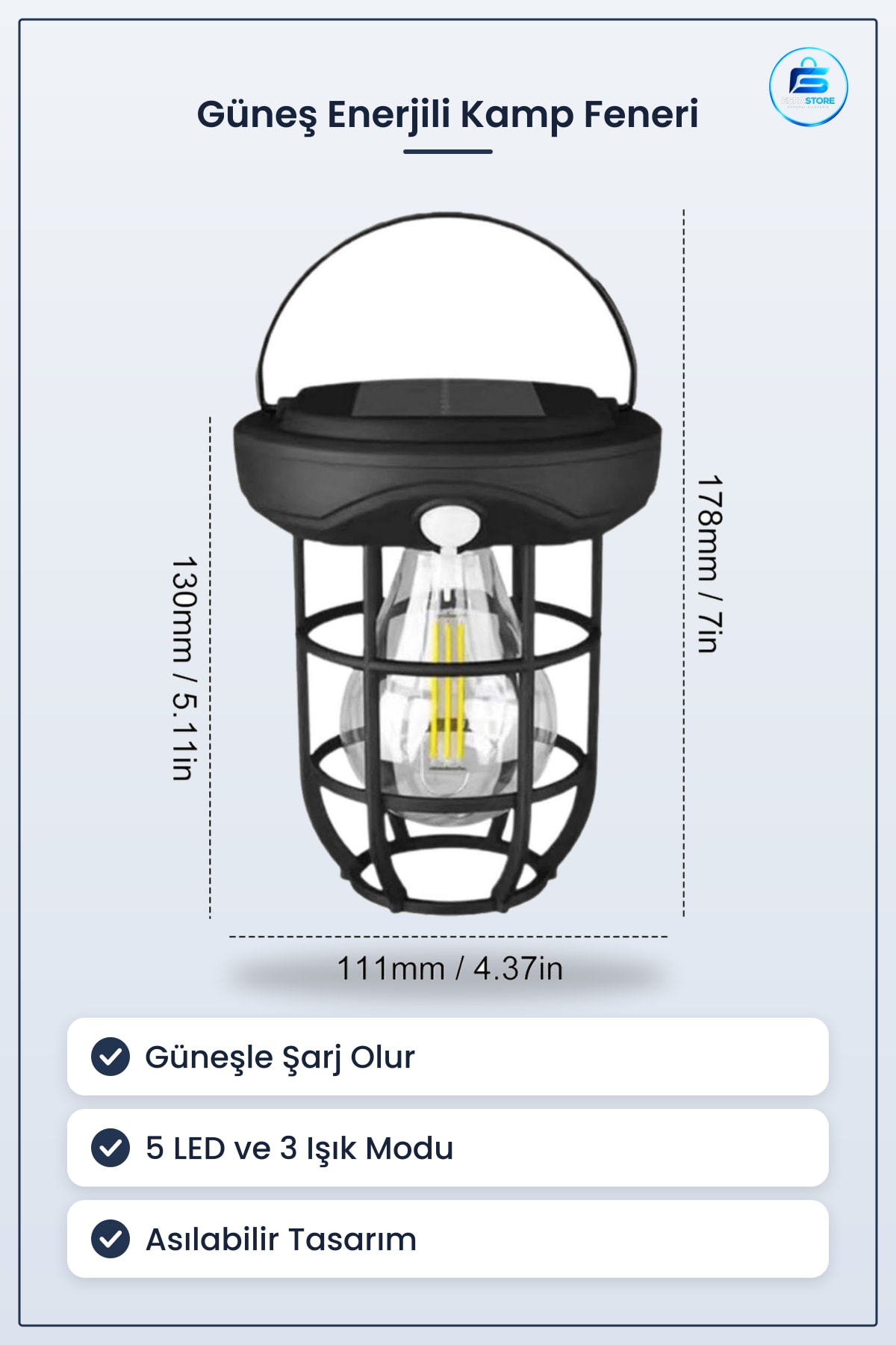 Güneş Enerjili Kamp Feneri Otomatik Şarjlı Gece Işığı Taşınabilir Asılabilir LED Dış Mekan Lambası