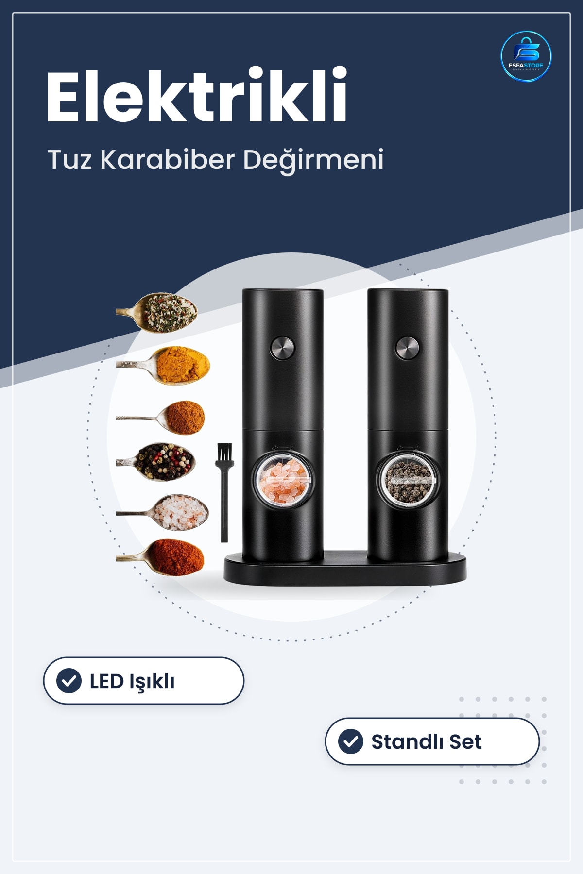 Tuz Karabiber Değirmeni Seti Elektrikli Otomatik Pratik Öğütücü LED Işıklı Standlı Baharatlık