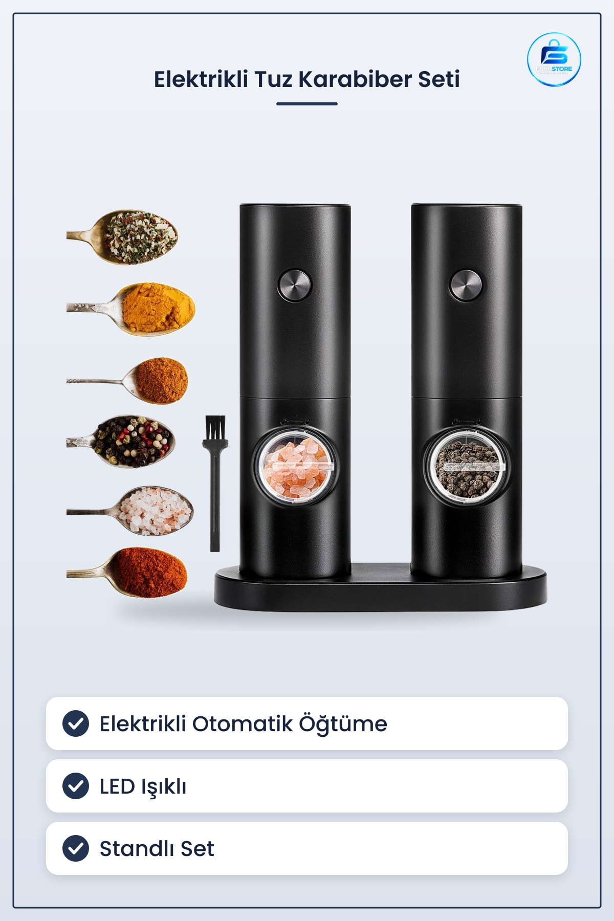 Tuz Karabiber Değirmeni Seti Elektrikli Otomatik Pratik Öğütücü LED Işıklı Standlı Baharatlık