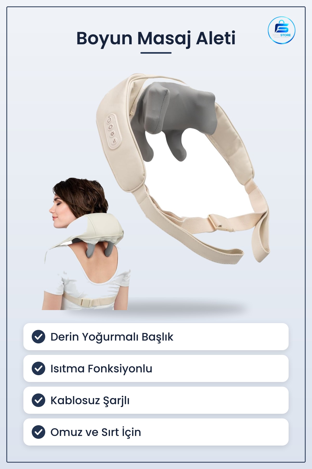 Kablosuz Boyun ve Sırt Masaj Aleti Derin Yoğurmalı Isıtmalı Omuz Yastığı Pratik Taşınabilir