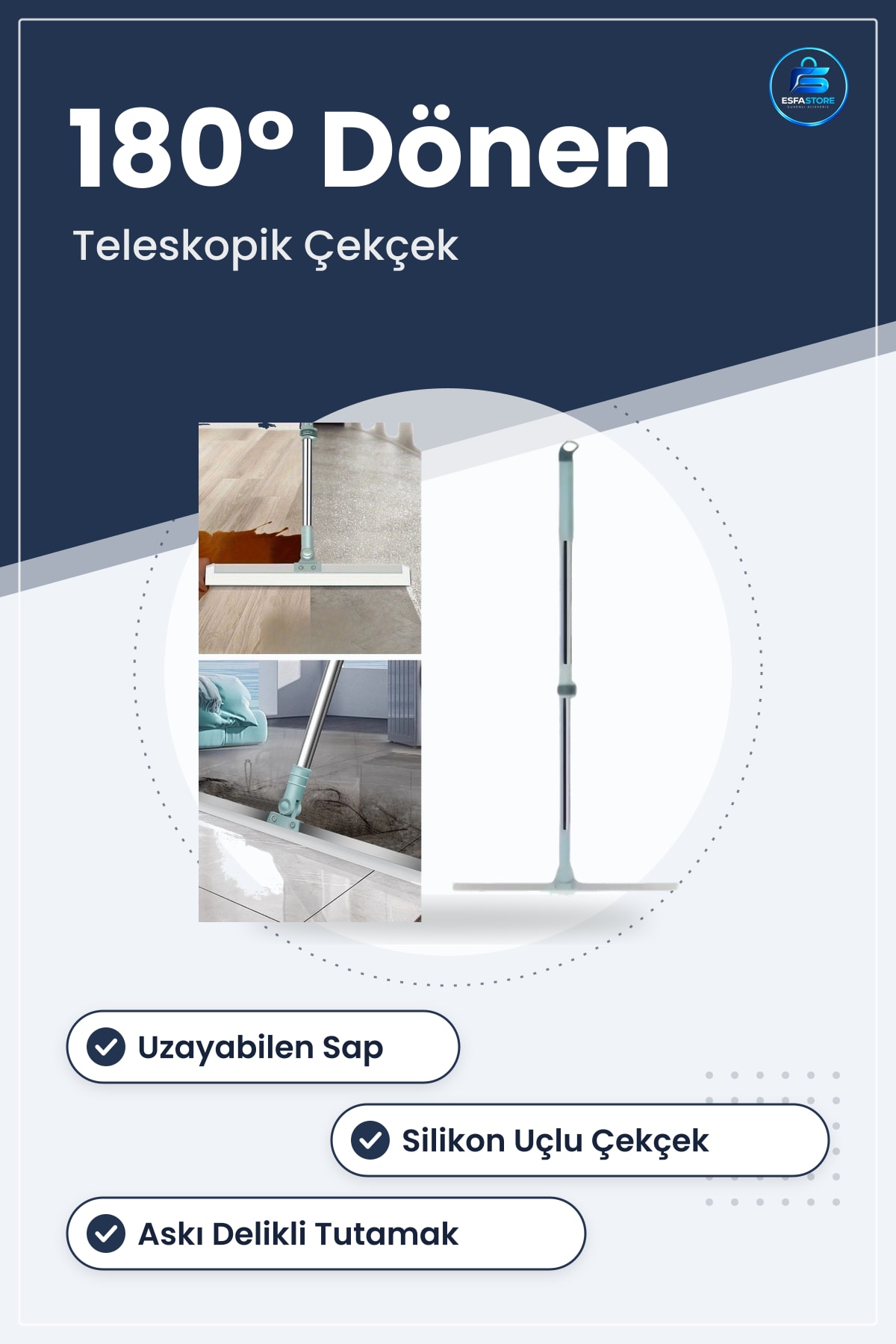 Teleskopik Yer Çekçek Cam ve Zemin Silme Aparatı Oynar Başlıklı Silikon Uçlu Pratik Temizlik