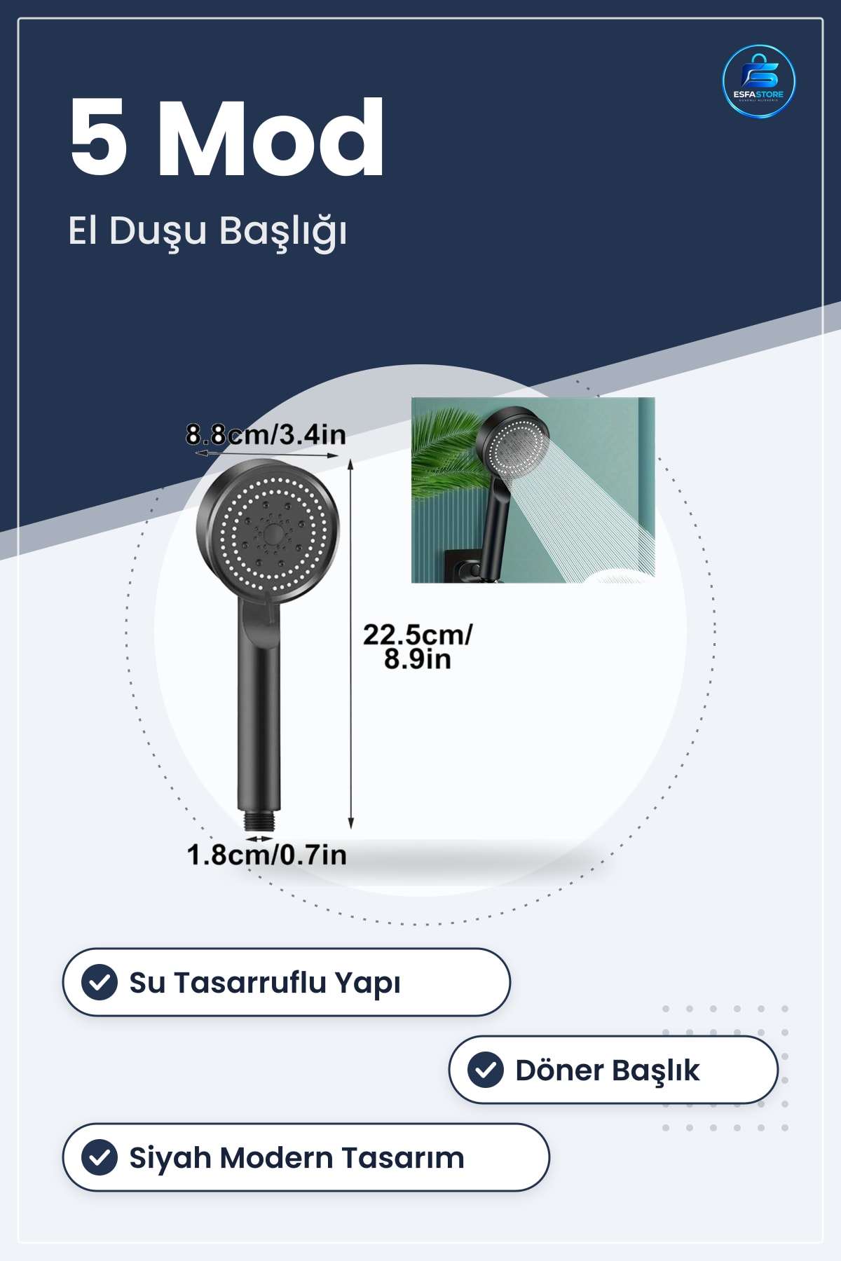 Yüksek Basınçlı Ayarlanabilir Duş Başlığı Çok Fonksiyonlu Su Tasarruflu Banyo Kullanımı Pratik