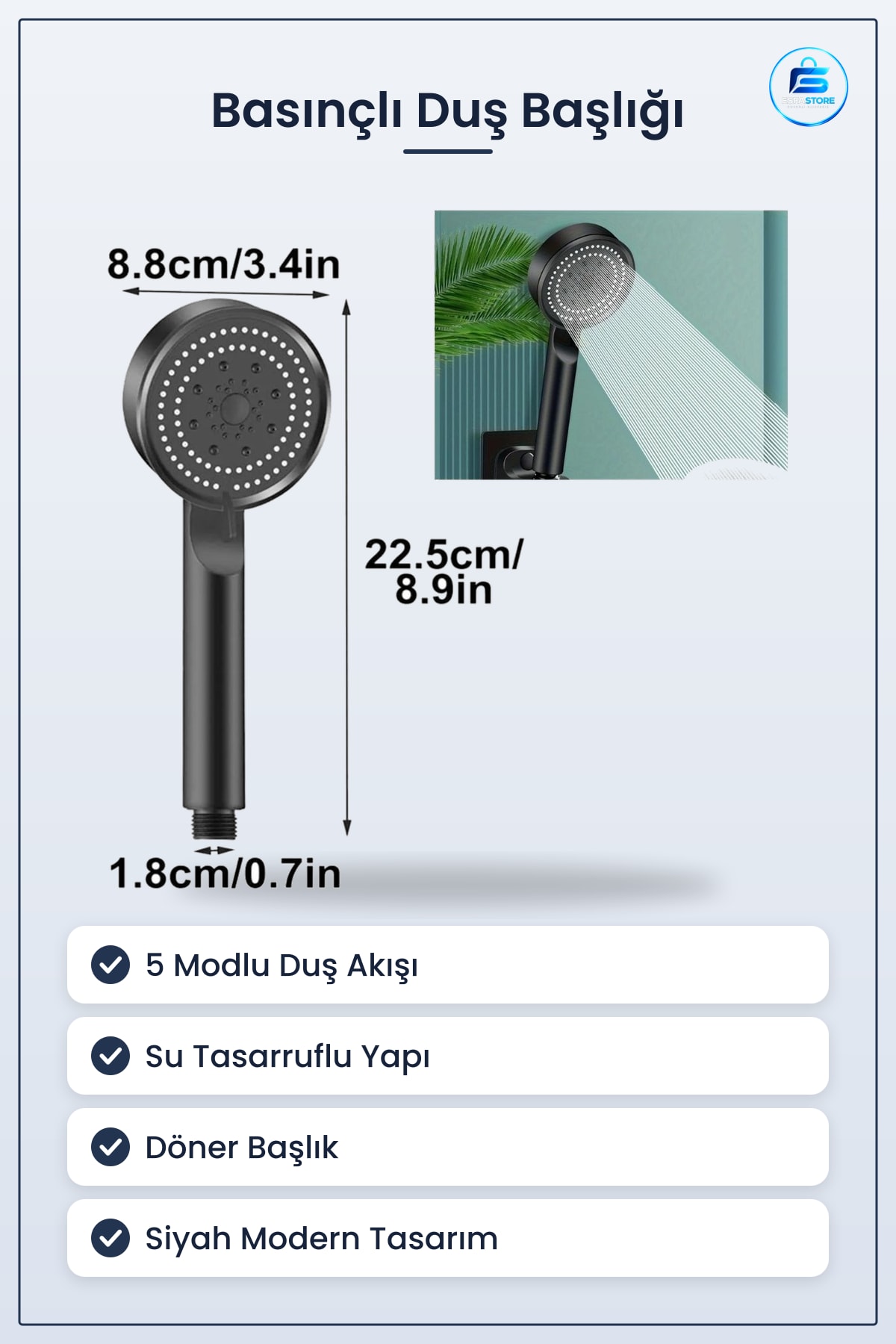 Yüksek Basınçlı Ayarlanabilir Duş Başlığı Çok Fonksiyonlu Su Tasarruflu Banyo Kullanımı Pratik