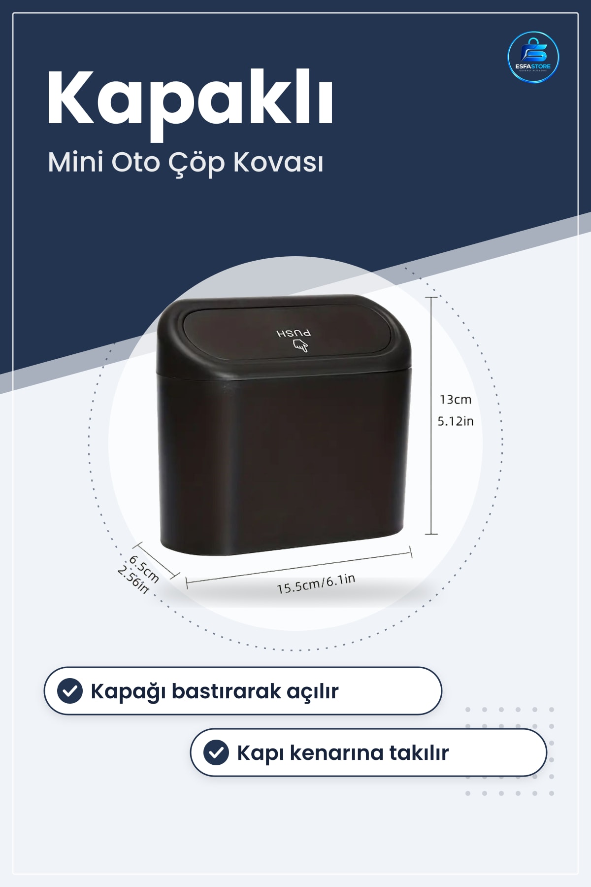 Araç İçi Takılarak Sabitlenen Mini Kapaklı Çöp Kovası Kapı Kenarı Askılı Pratik Dayanıklı Plastik