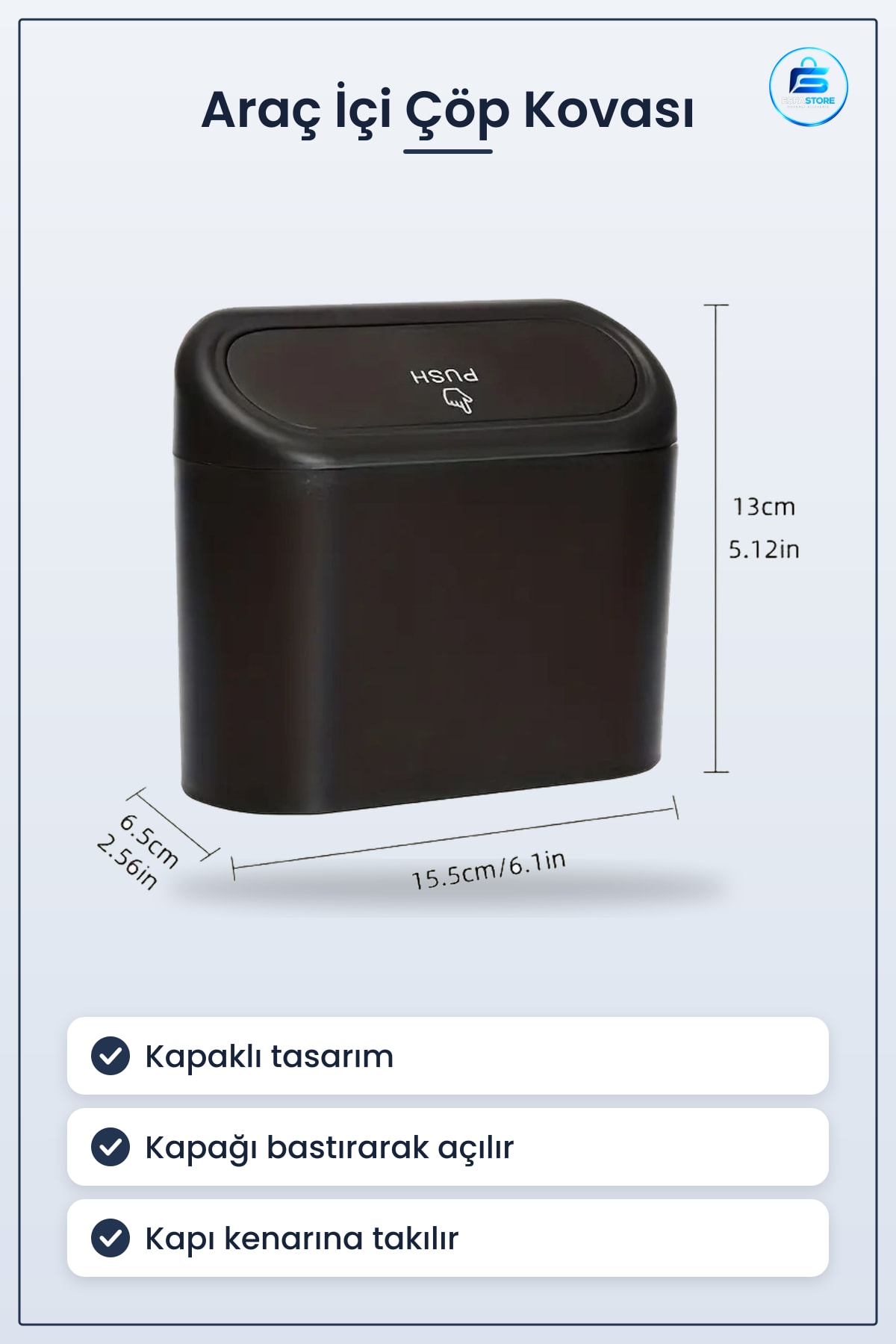 Araç İçi Takılarak Sabitlenen Mini Kapaklı Çöp Kovası Kapı Kenarı Askılı Pratik Dayanıklı Plastik