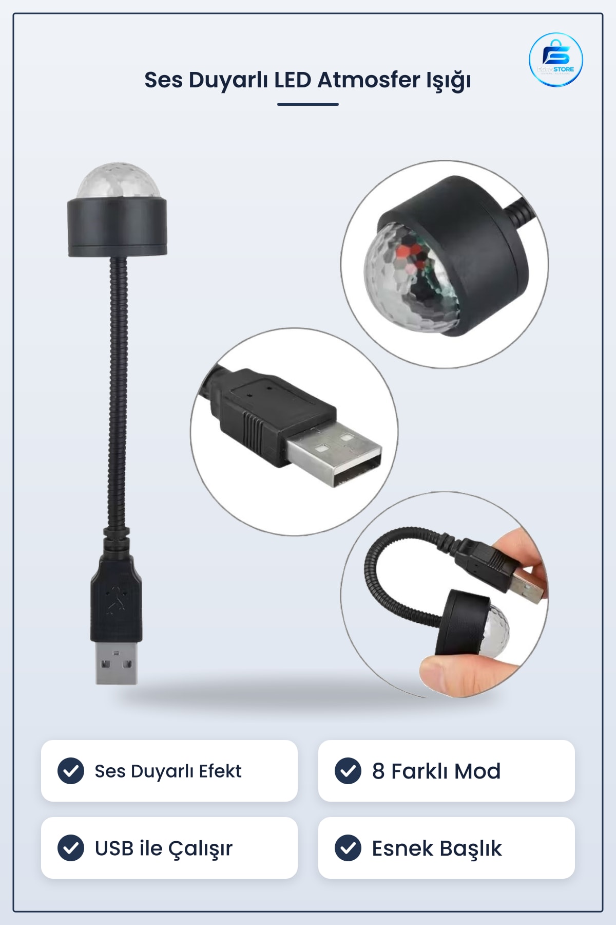 USB Sese Duyarlı Işıklı LED Atmosfer Işığı Araç İçi Ambiyans Aydınlatması Projeksiyon Lambaı