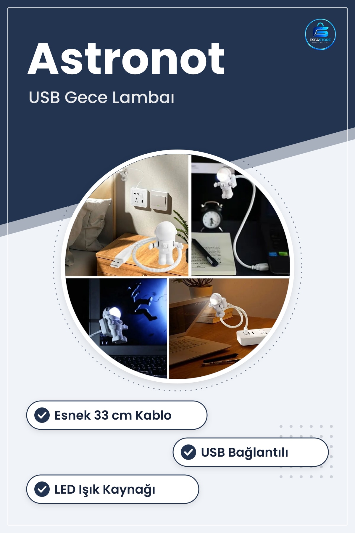 USB Astronot Gece Lambası Esnek Kablolu Masa Işığı Kitap Okuma Dekoratif Hediyelik Pratik