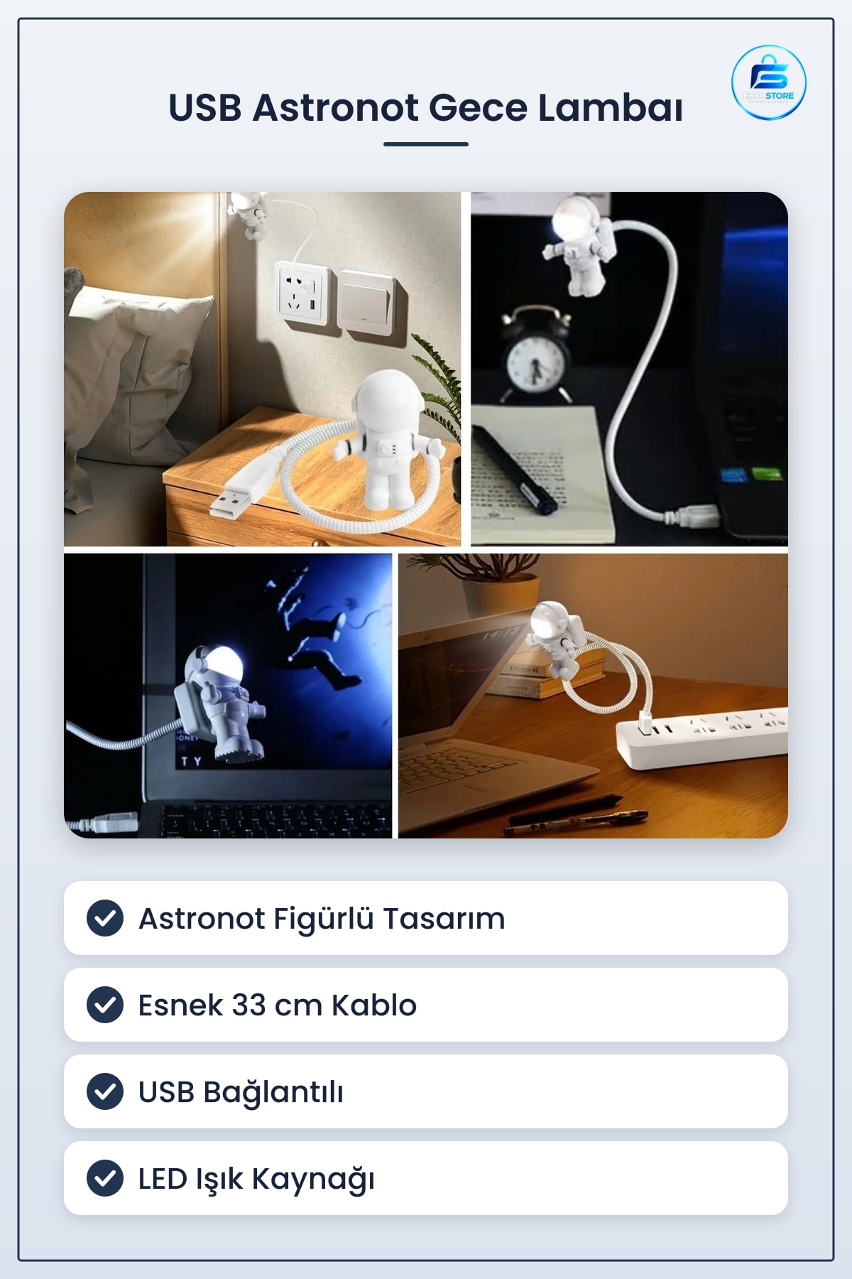 USB Astronot Gece Lambası Esnek Kablolu Masa Işığı Kitap Okuma Dekoratif Hediyelik Pratik