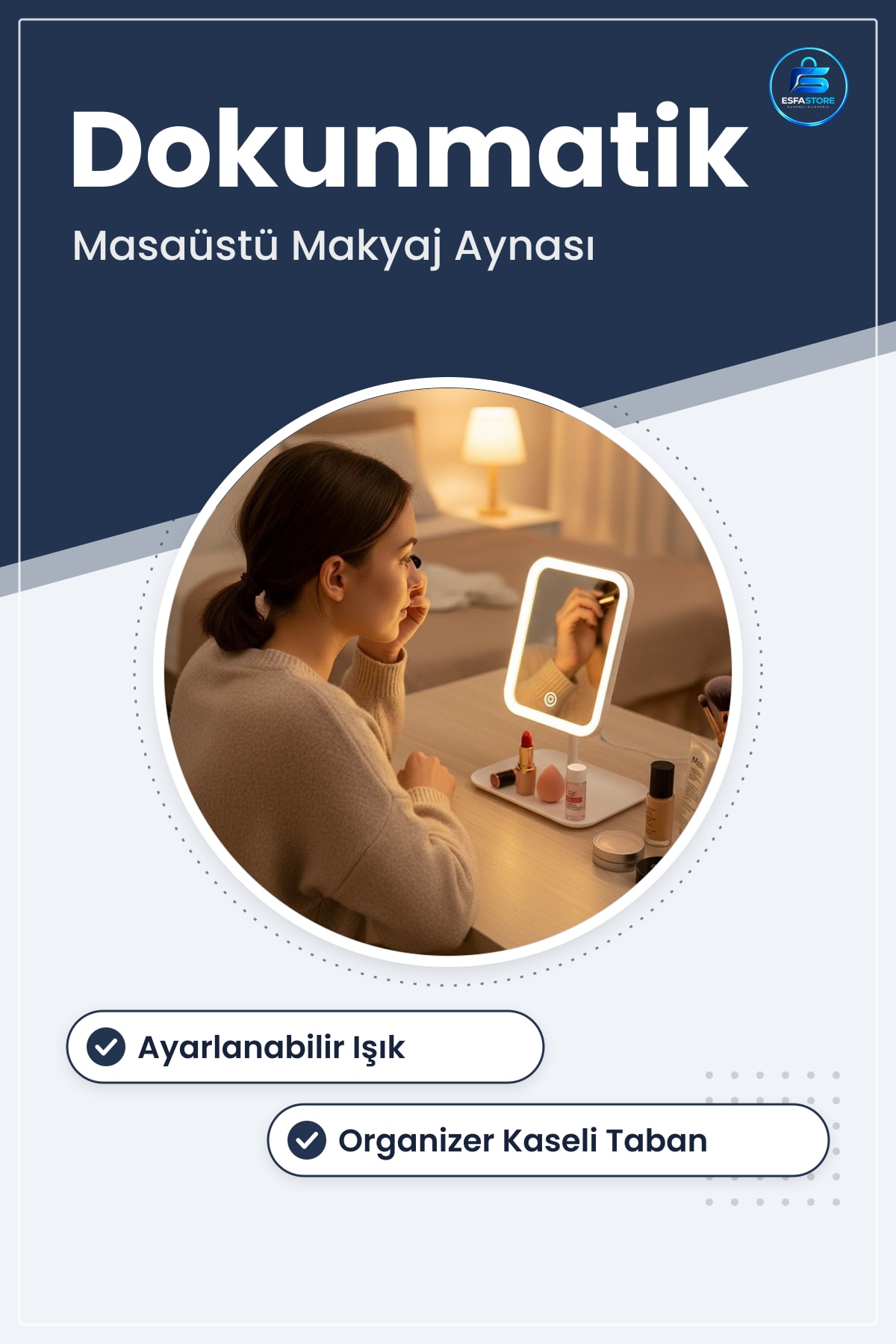 Dokunmatik LED Işıklı Kare Makyaj Aynası Organizer Kaseli Masaüstü Cilt Bakım Ürünleri Pratik