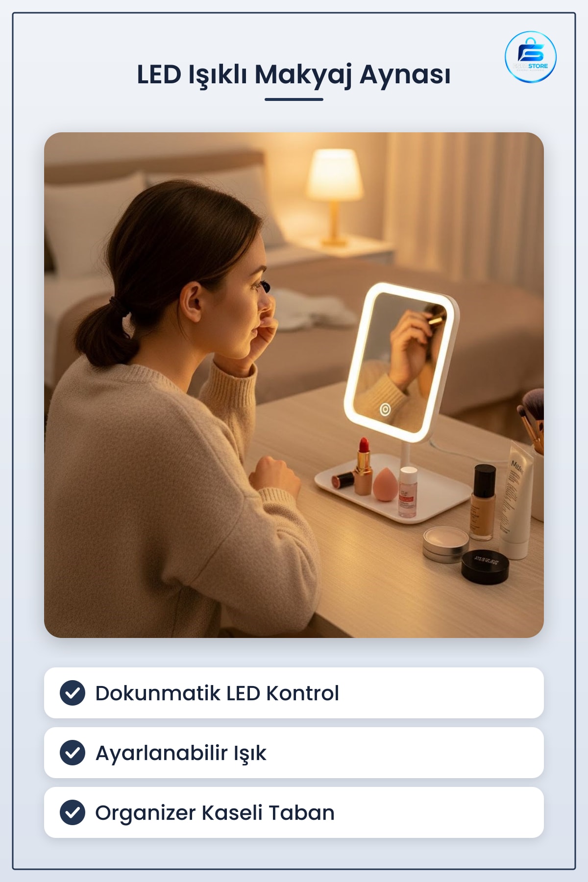 Dokunmatik LED Işıklı Kare Makyaj Aynası Organizer Kaseli Masaüstü Cilt Bakım Ürünleri Pratik