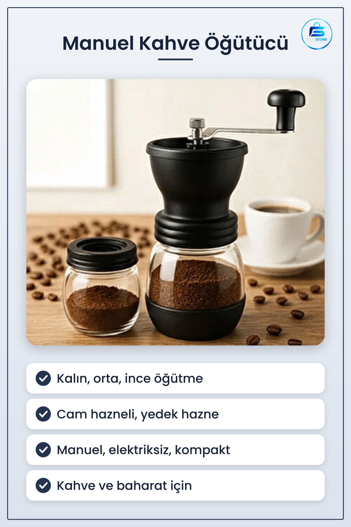 Manuel Cam Hazneli Kahve ve Baharat Öğütücü Ayarlanabilir Yedek Hazne Dayanıklı Kompakt Tasarım