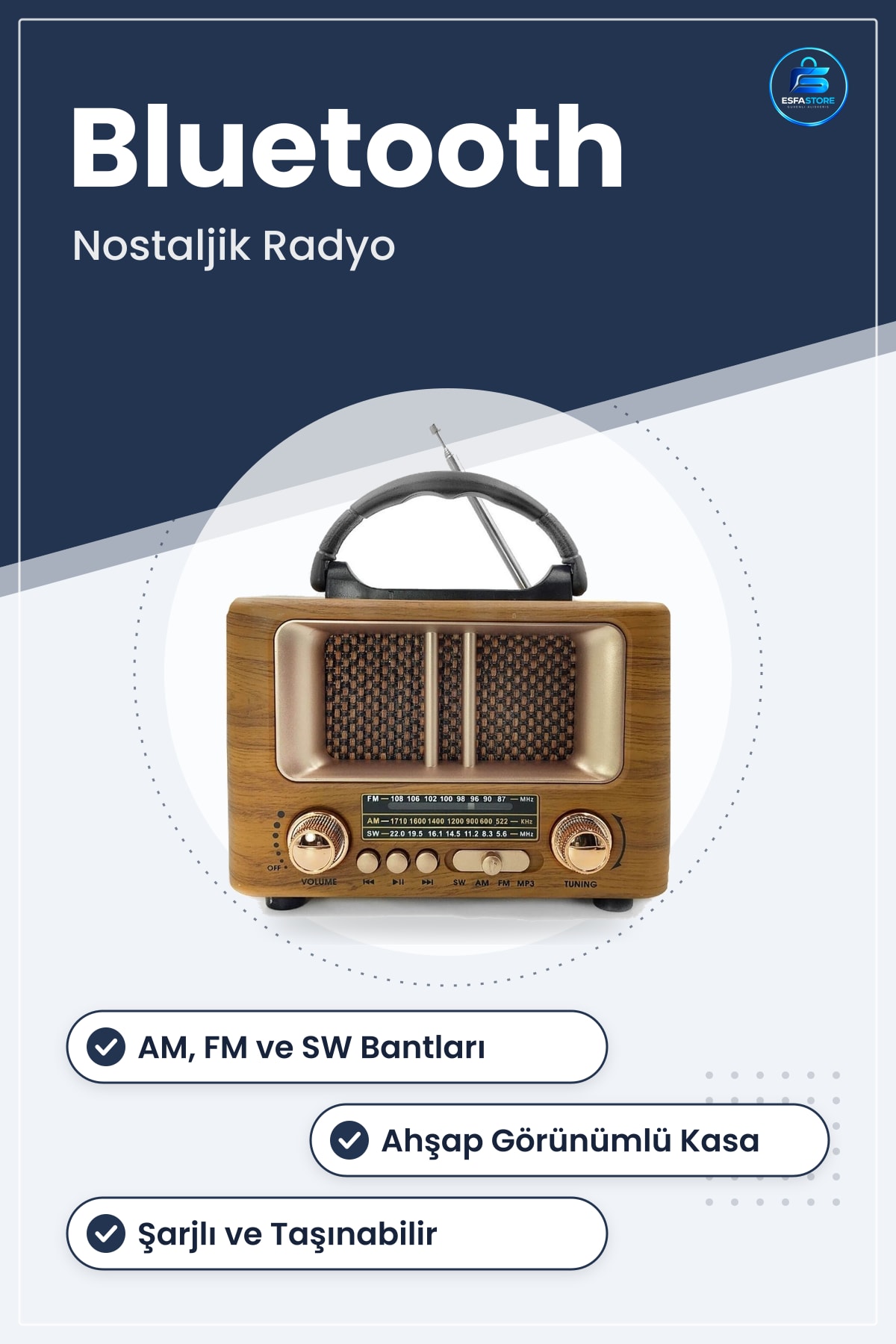 Mini Boy Retro Ahşap Görünümlü Bluetooth Hoparlörlü Taşınabilir Şarjlı FM AM Radyo Hediyelik