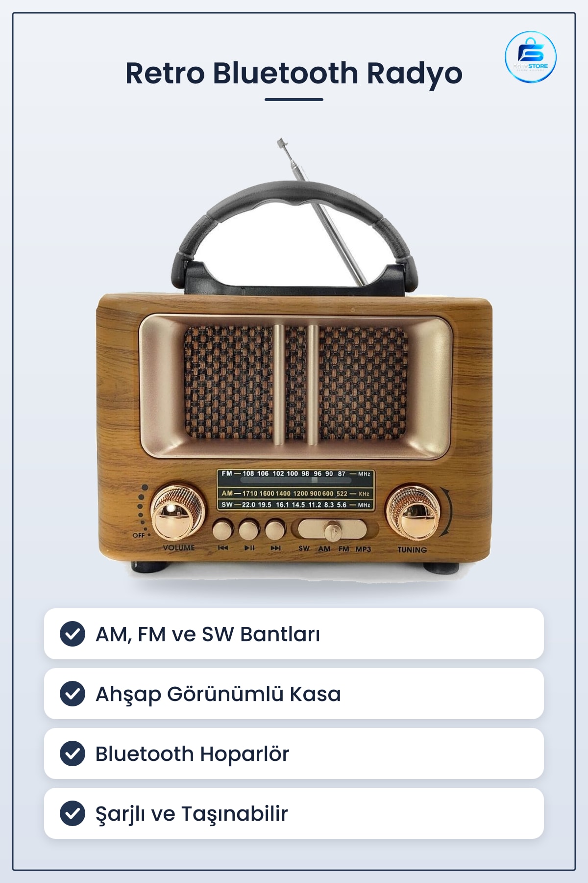 Mini Boy Retro Ahşap Görünümlü Bluetooth Hoparlörlü Taşınabilir Şarjlı FM AM Radyo Hediyelik